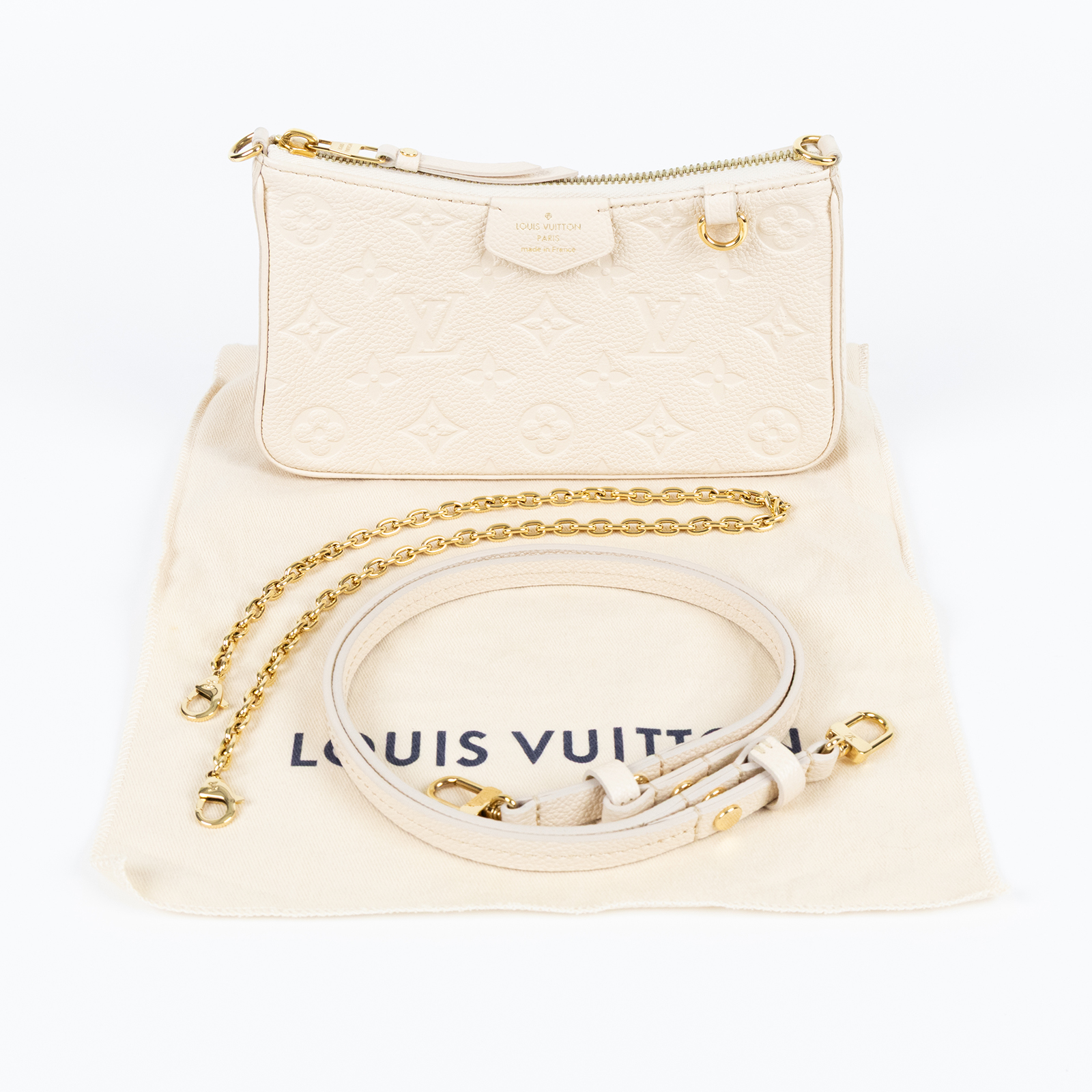路易威登 LOUIS VUITTON Easy Pouch On Strap 壓紋牛皮二用包 奶油色 M81066 晶片款  防塵袋/鍊帶