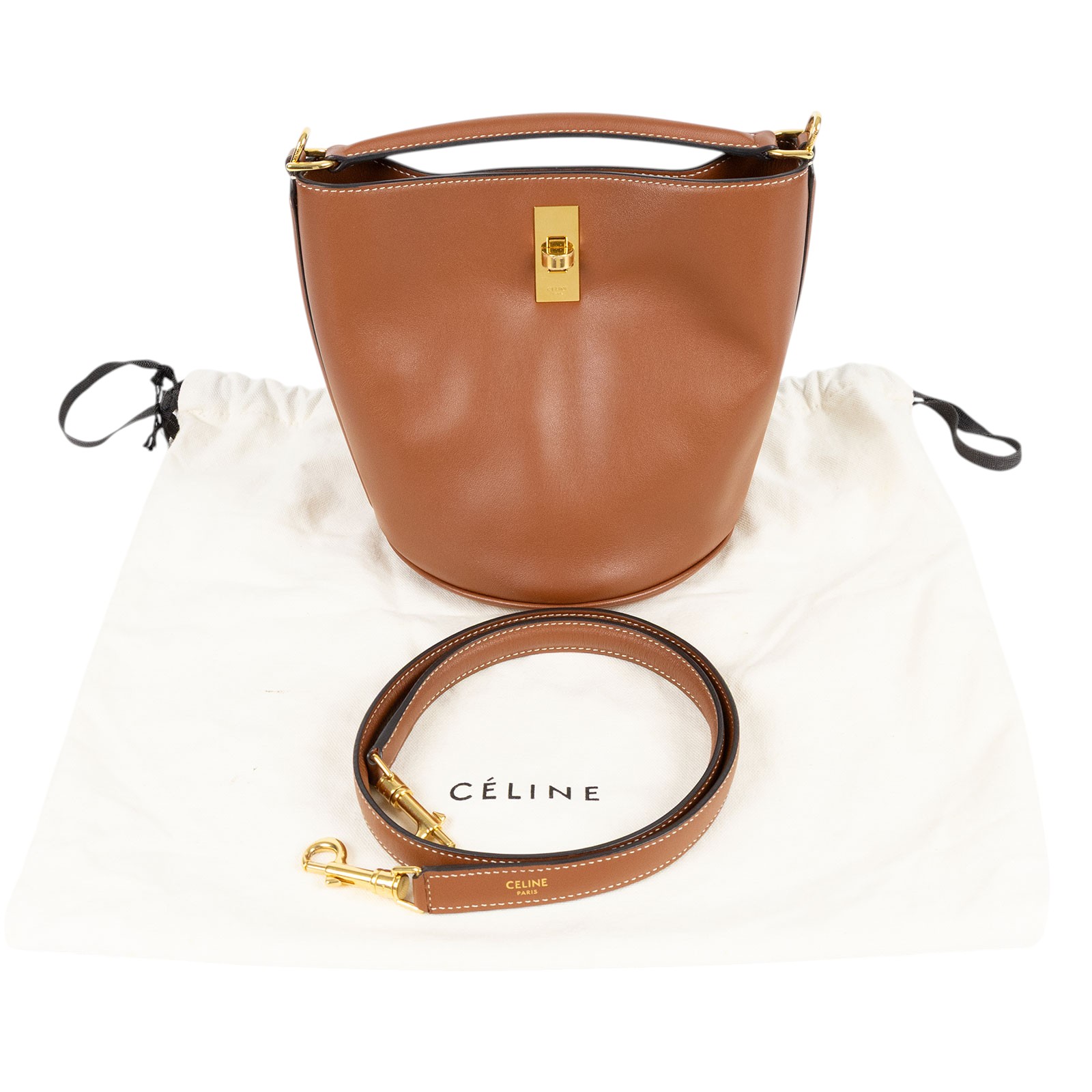 思琳 CELINE Teen Bucket 16 光滑牛皮革 水桶包 197573CR4 棕水桶包 TEEN bucket16 防塵袋