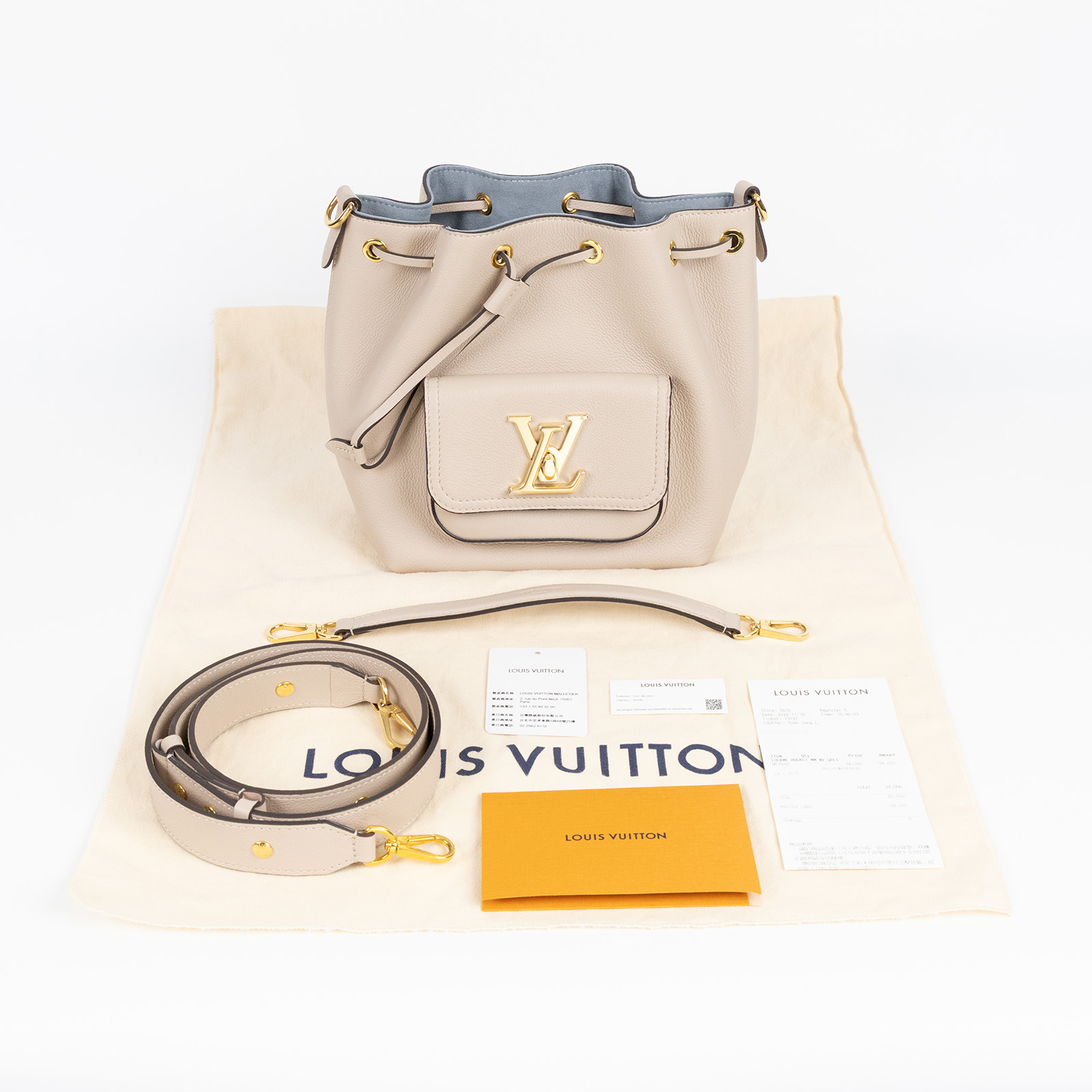 路易威登 LOUIS VUITTON Lockme 水桶包 香檳袋 M57688 晶片款 灰褐LOCKME水桶包 防塵袋/背帶/購買證明