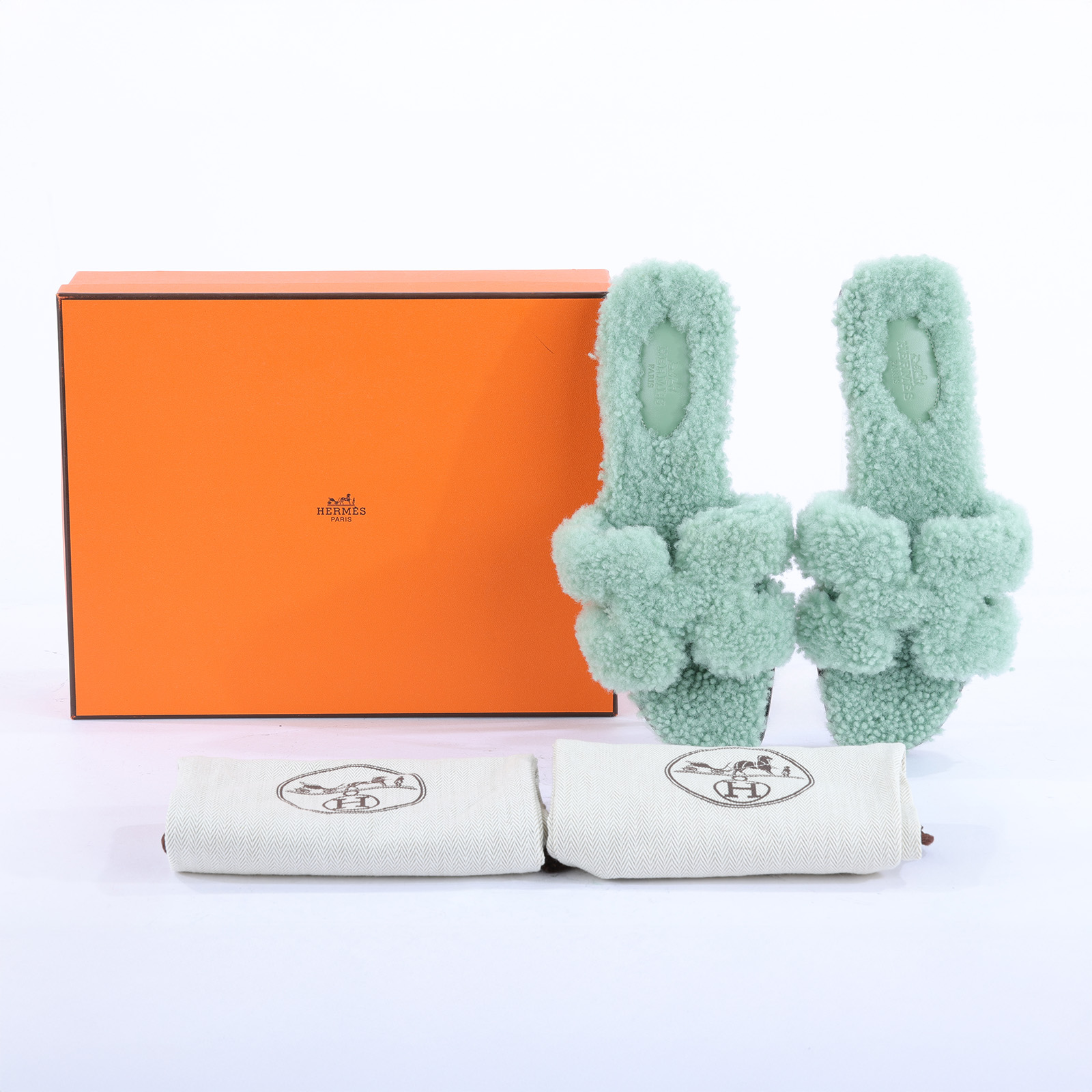 愛馬仕 Hermès 絨毛 涼鞋 212178ZF_38 212178ZF 水綠H毛毛拖 　ORAN 原廠盒子/防塵袋