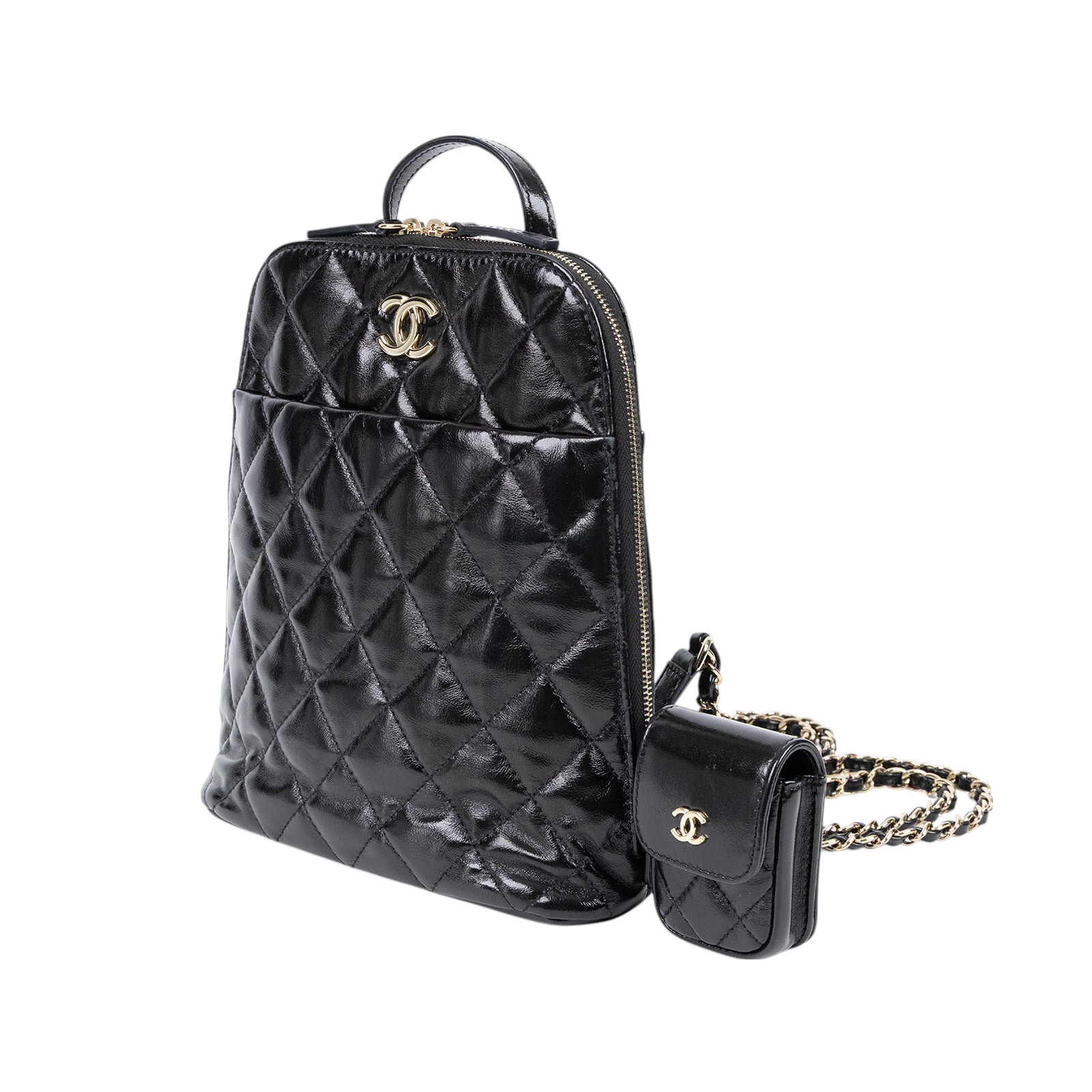 香奈兒 CHANEL 22k CC logo Rucksack Backpack 後背包 AS3332 晶片款 22K黑金菱格亮面貝殼小後背子母包 無附屬品