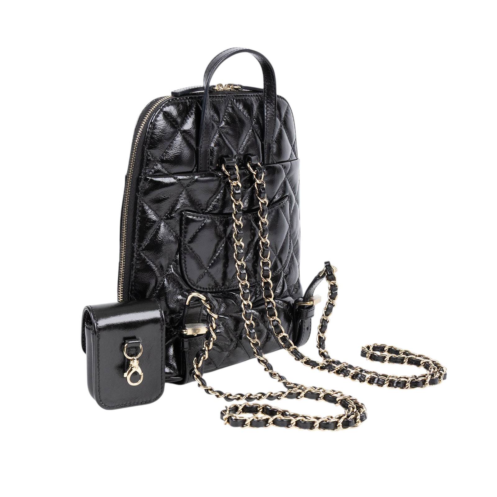香奈兒 CHANEL 22k CC logo Rucksack Backpack 後背包 AS3332 晶片款 22K黑金菱格亮面貝殼小後背子母包 無附屬品