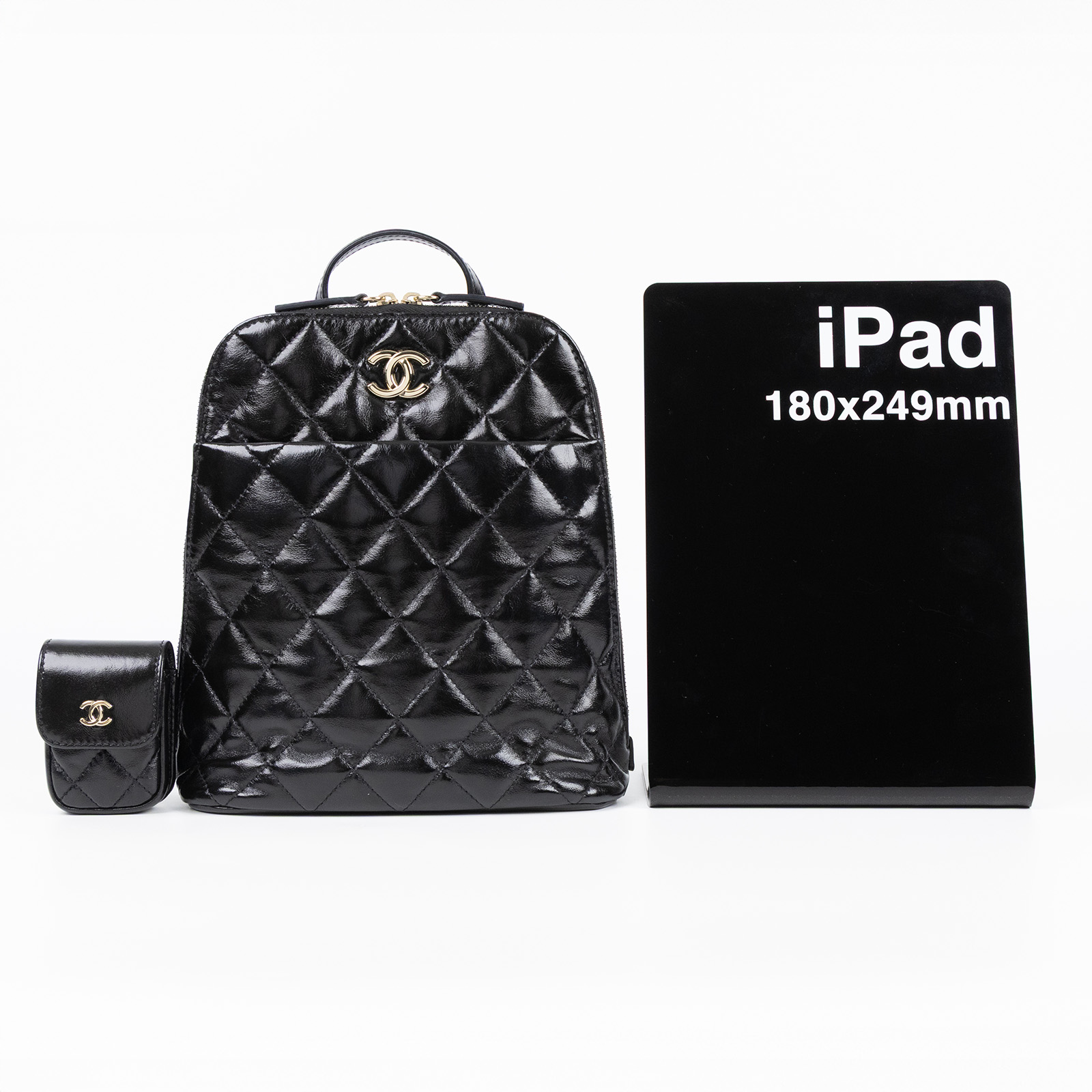 香奈兒 CHANEL 22k CC logo Rucksack Backpack 後背包 AS3332 晶片款 22K黑金菱格亮面貝殼小後背子母包 無附屬品