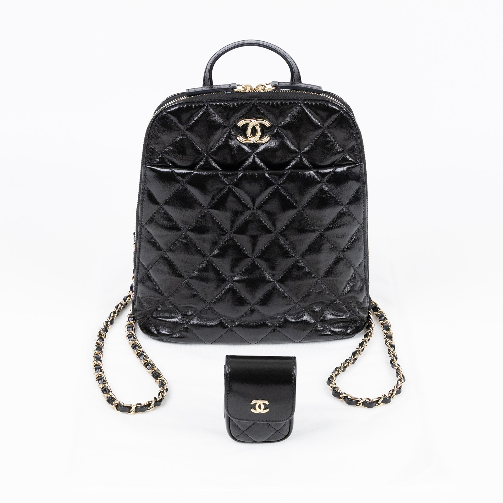 香奈兒 CHANEL 22k CC logo Rucksack Backpack 後背包 AS3332 晶片款 22K黑金菱格亮面貝殼小後背子母包 無附屬品