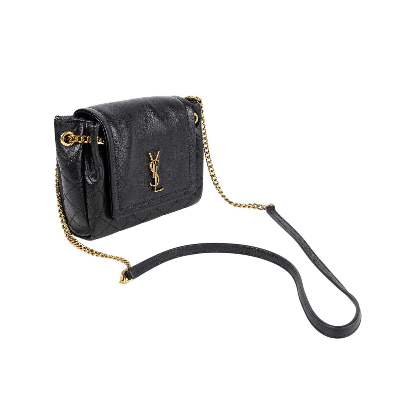 聖羅蘭 YSL SAINT LAURENT Nolia 小羊皮 迷你 手袋 肩背包 6727381EL07 黑金MINI NOLITA肩背包 原廠盒子/防塵袋