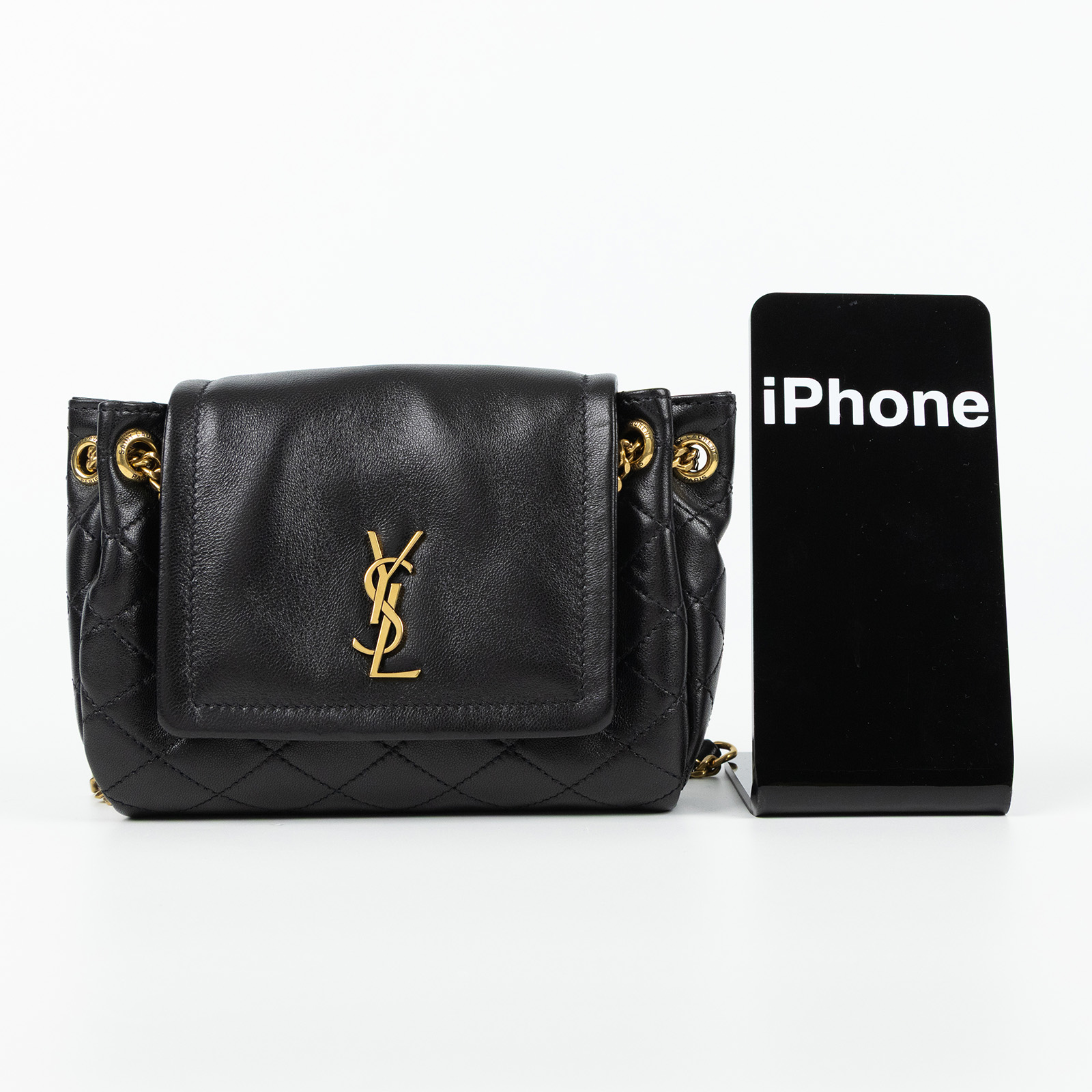 聖羅蘭 YSL SAINT LAURENT Nolia 小羊皮 迷你 手袋 肩背包 6727381EL07 黑金MINI NOLITA肩背包 原廠盒子/防塵袋
