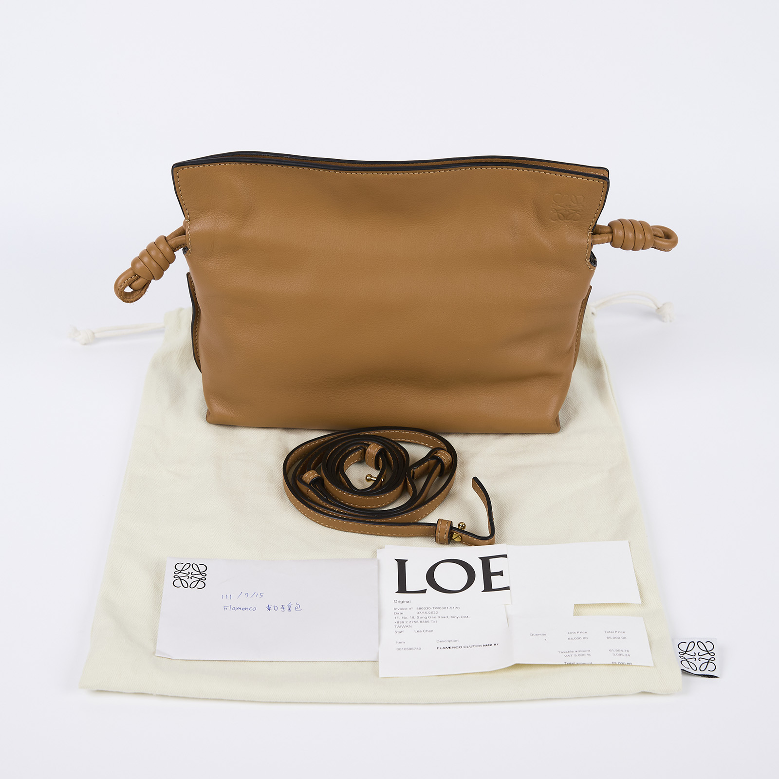 羅意威 LOEWE Mini Flamenco clutch 小牛皮 迷你 肩背包 A411FC2X73 焦糖FLAMENCO MINI 防塵袋/購買證明