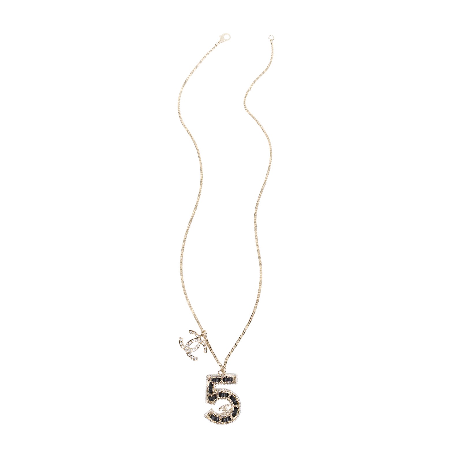香奈兒 CHANEL No.5 項鍊 ABA286B23P 金色水鑽雙C5號皮串項鍊 原廠盒子/防塵袋
