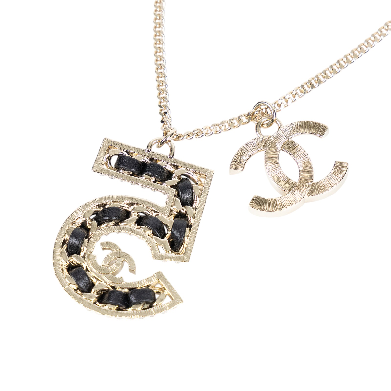 香奈兒 CHANEL No.5 項鍊 ABA286B23P 金色水鑽雙C5號皮串項鍊 原廠盒子/防塵袋