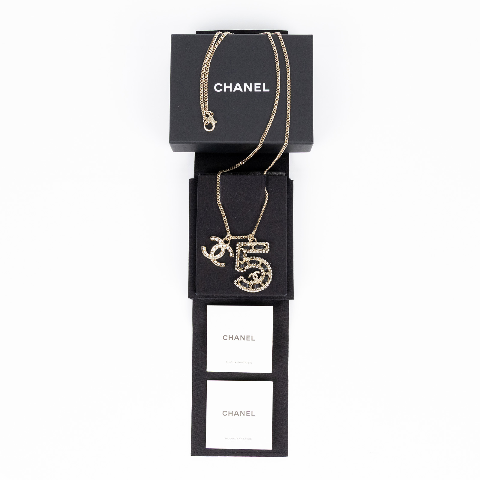 香奈兒 CHANEL No.5 項鍊 ABA286B23P 金色水鑽雙C5號皮串項鍊 原廠盒子/防塵袋