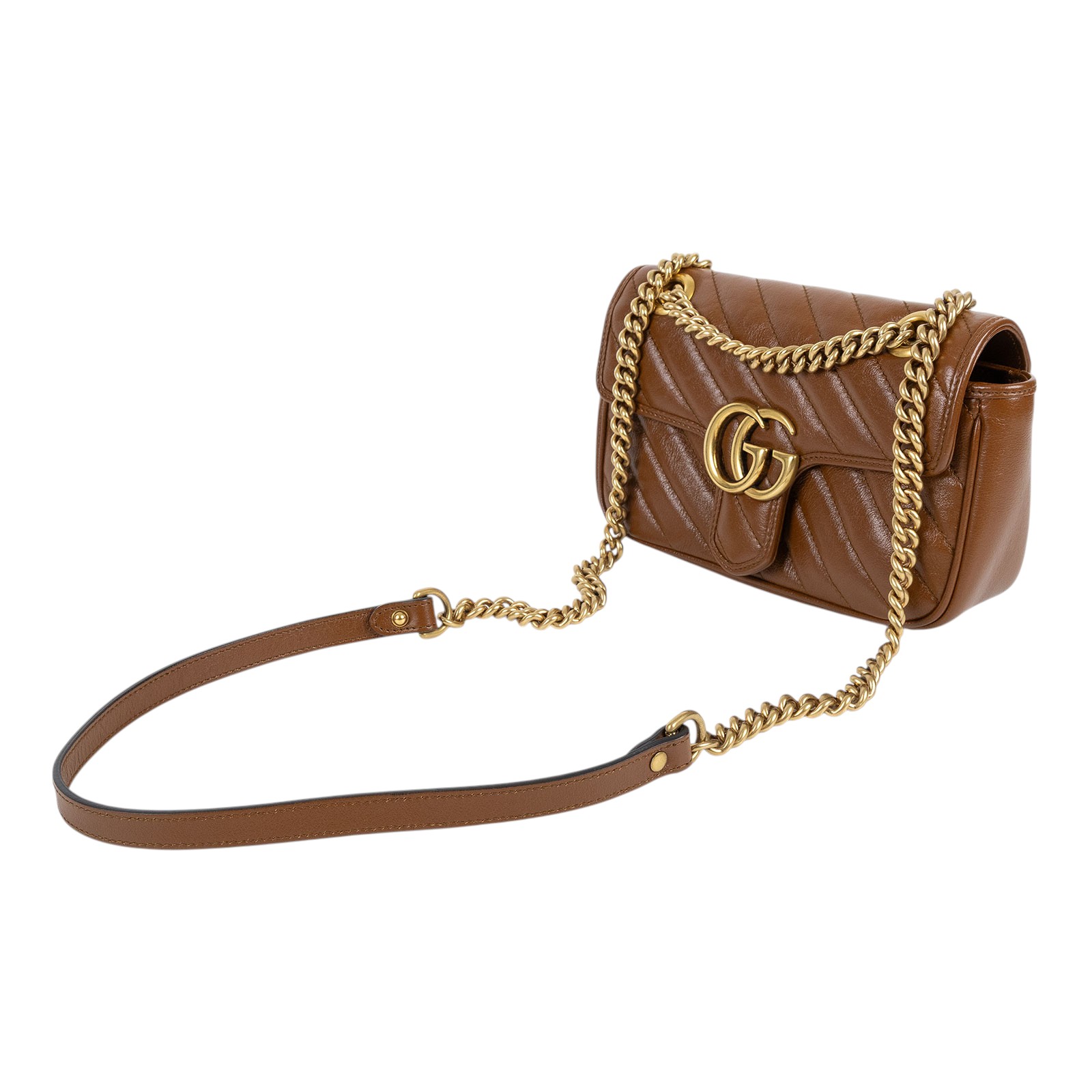 古馳 GUCCI GG Marmont 迷你肩揹袋 446744 棕MARMONT掀蓋鍊包 無附屬品