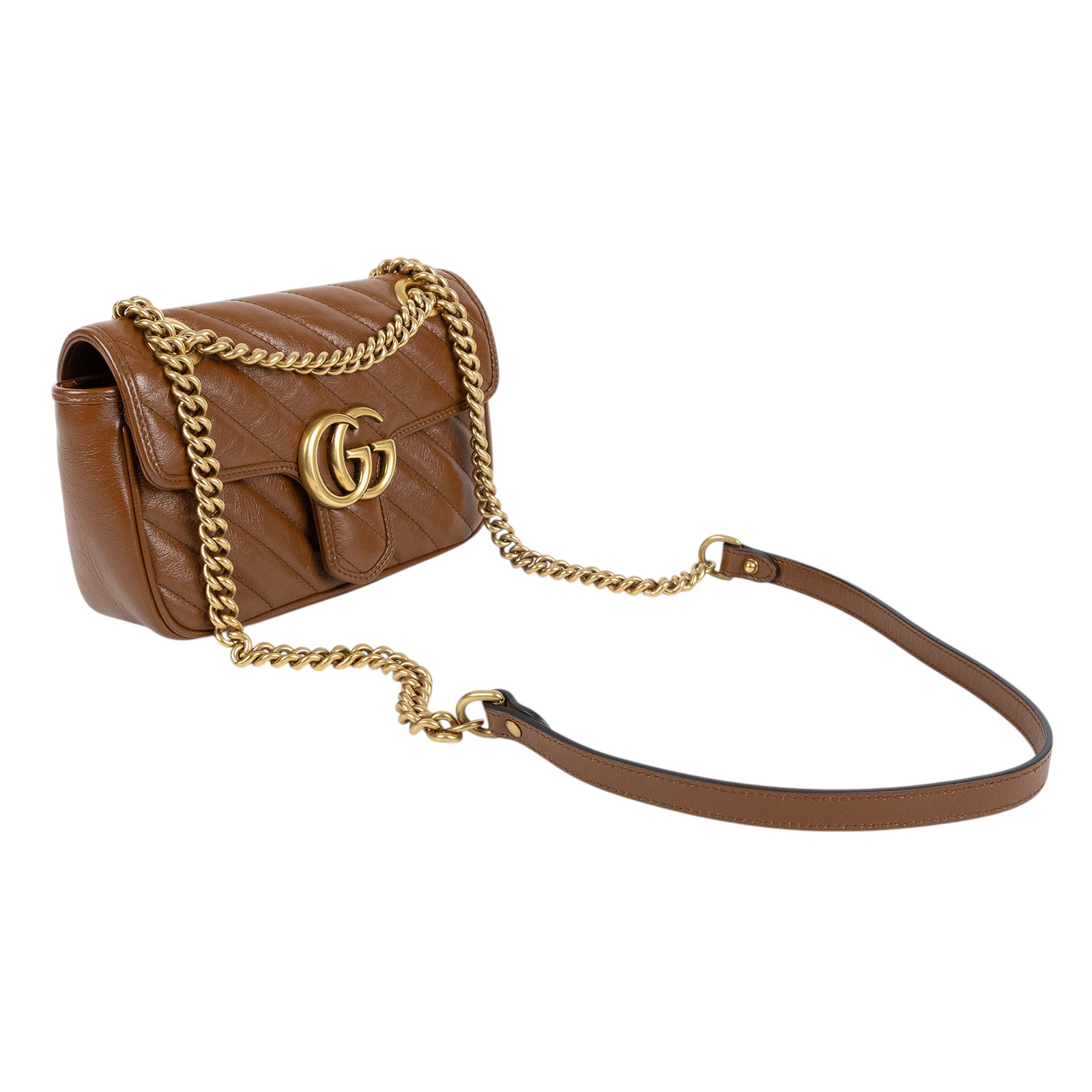 古馳 GUCCI GG Marmont 迷你肩揹袋 446744 棕MARMONT掀蓋鍊包 無附屬品