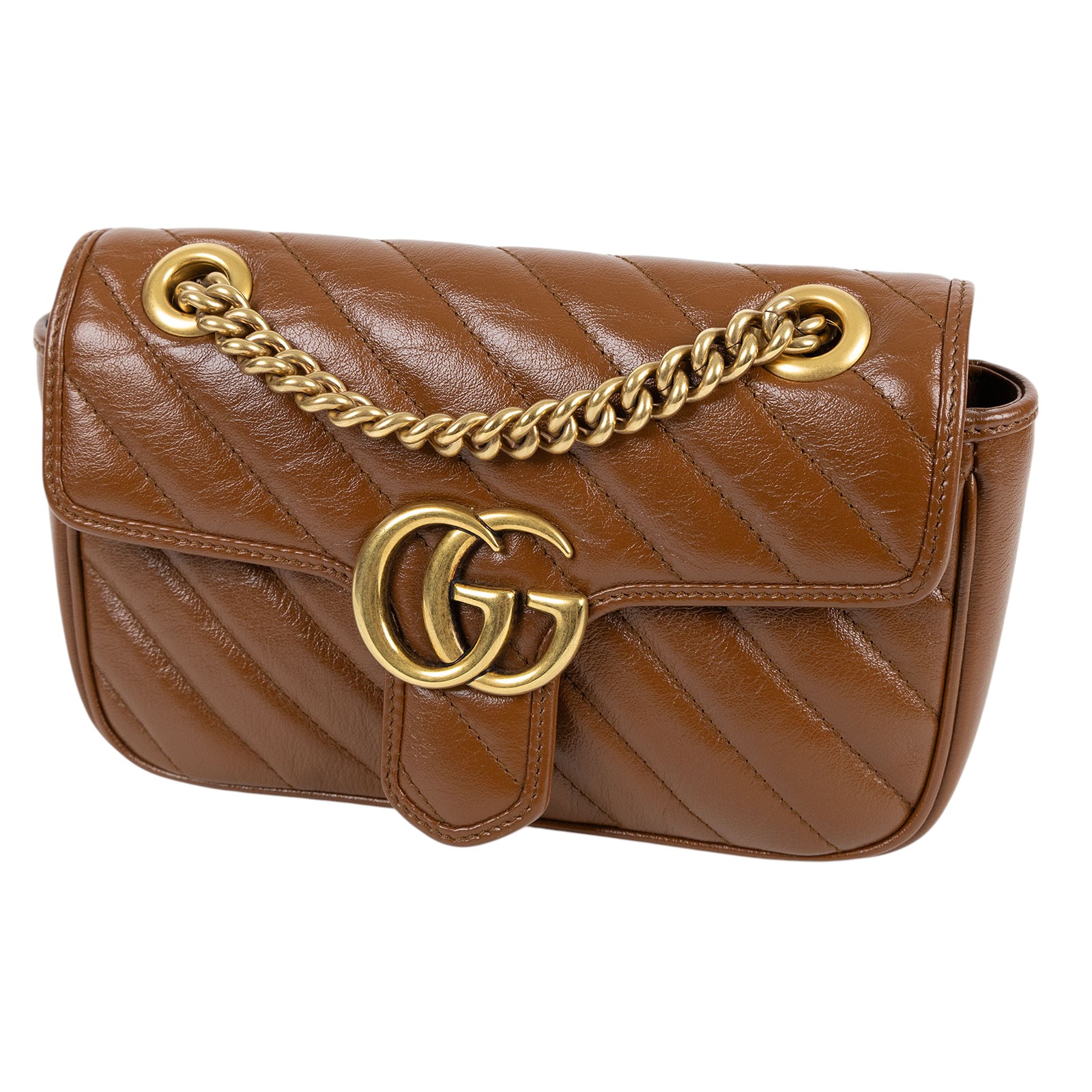 古馳 GUCCI GG Marmont 迷你肩揹袋 446744 棕MARMONT掀蓋鍊包 無附屬品