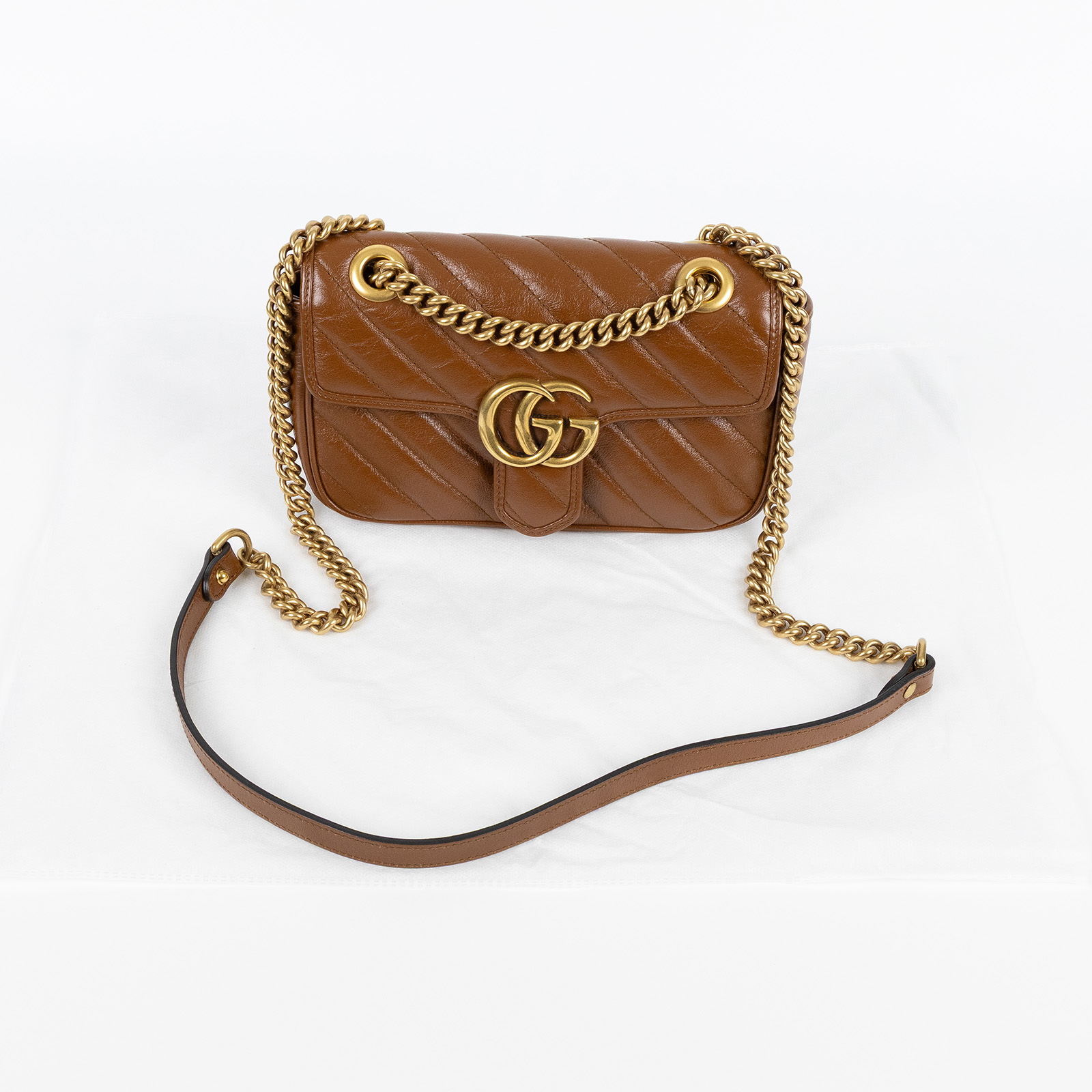 古馳 GUCCI GG Marmont 迷你肩揹袋 446744 棕MARMONT掀蓋鍊包 無附屬品