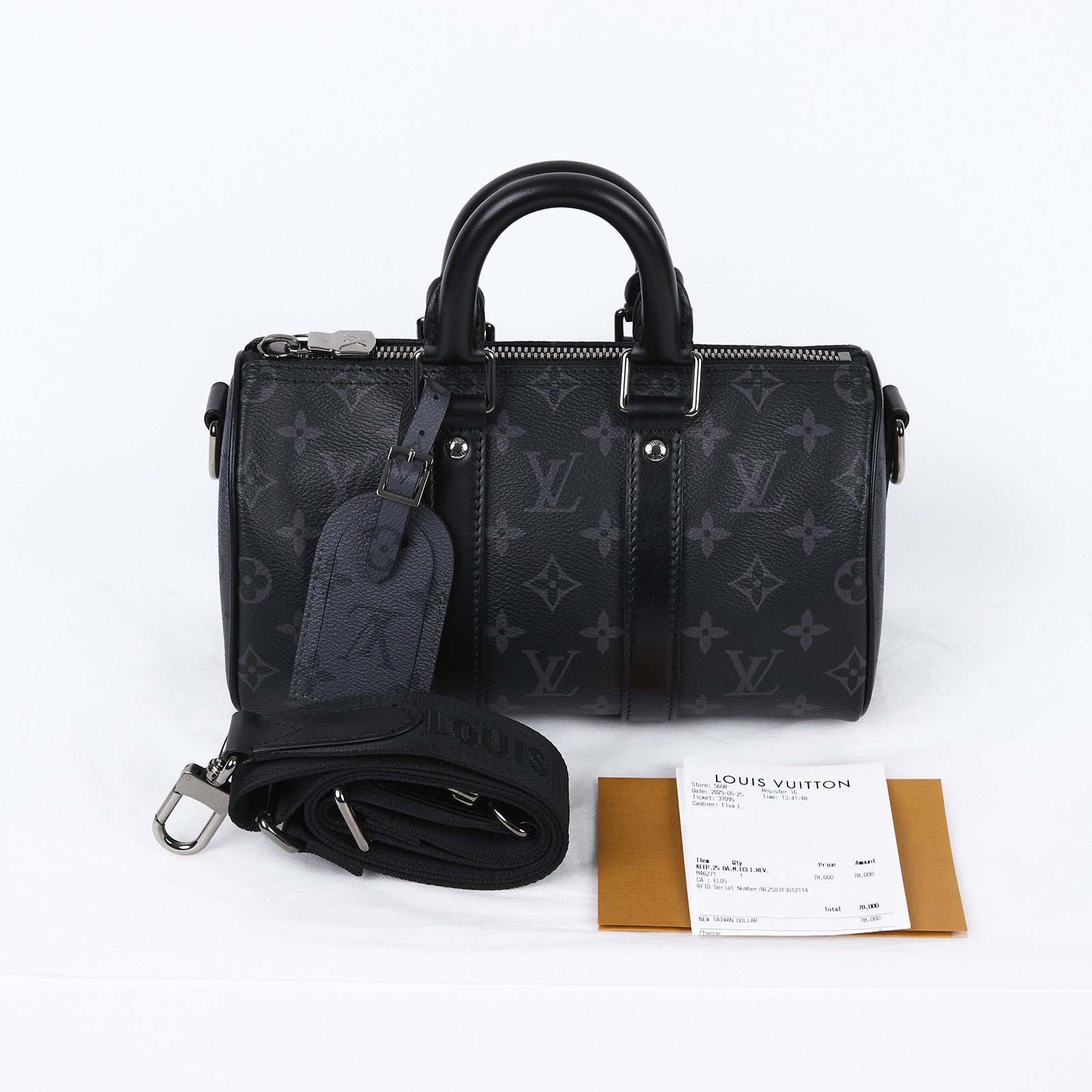 路易威登 LOUIS VUITTON Keepall Bandoulière 25 手提 肩背 波士頓包 Reverse帆布 黑色 M46271 晶片款  防塵袋/購買證明