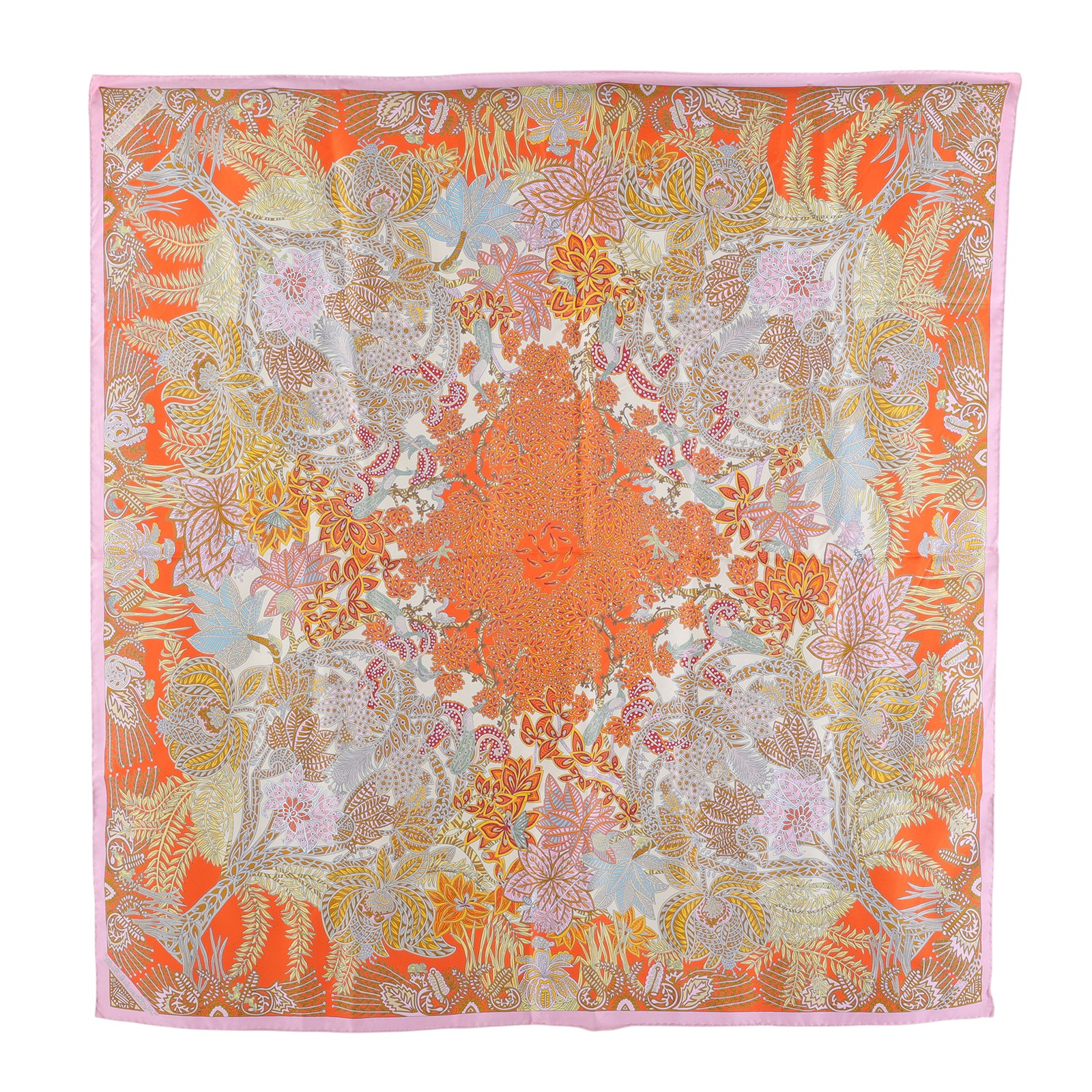 愛馬仕 Hermes 真絲 方巾  粉邊花叢90x90絲巾 原廠盒子