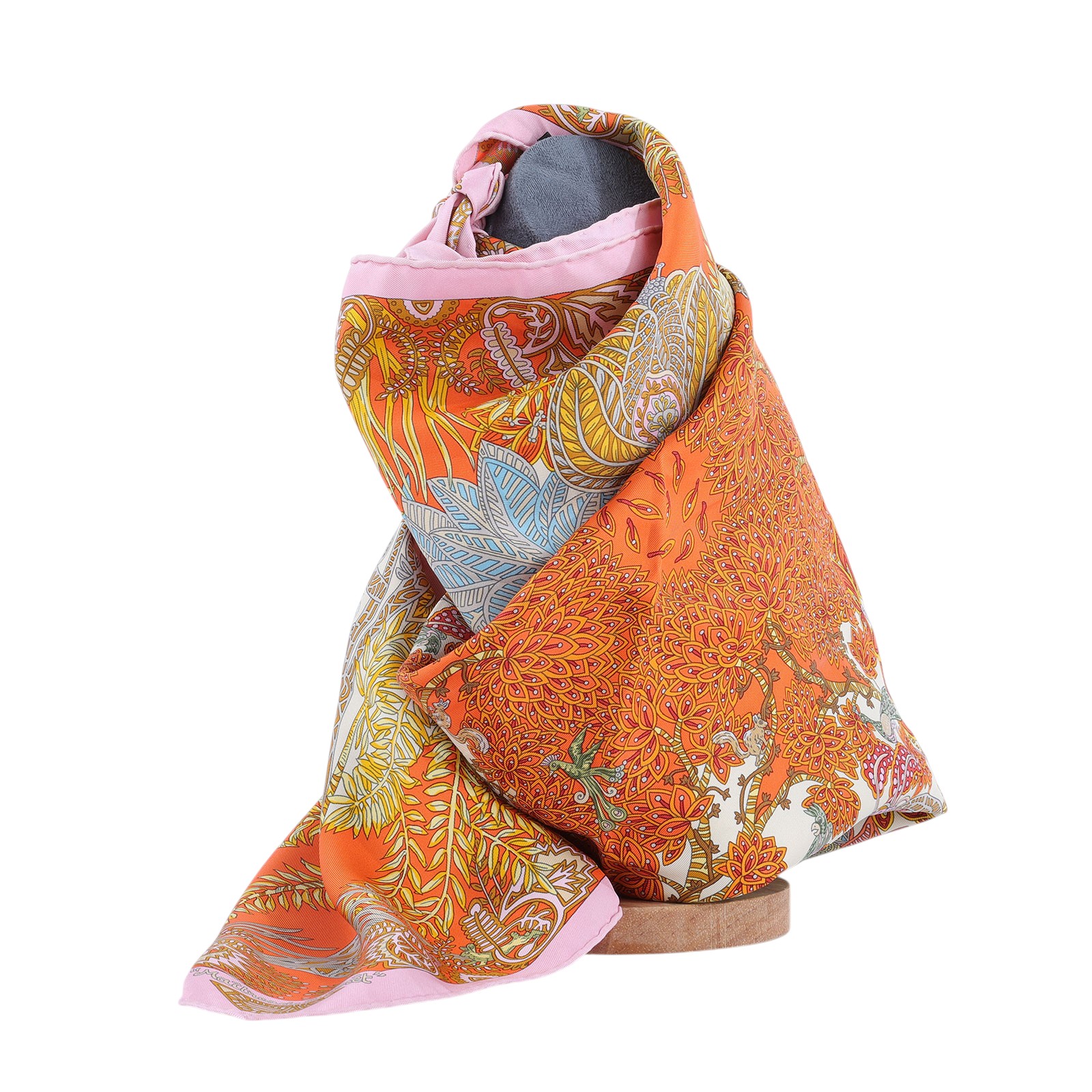 愛馬仕 Hermes 真絲 方巾  粉邊花叢90x90絲巾 原廠盒子