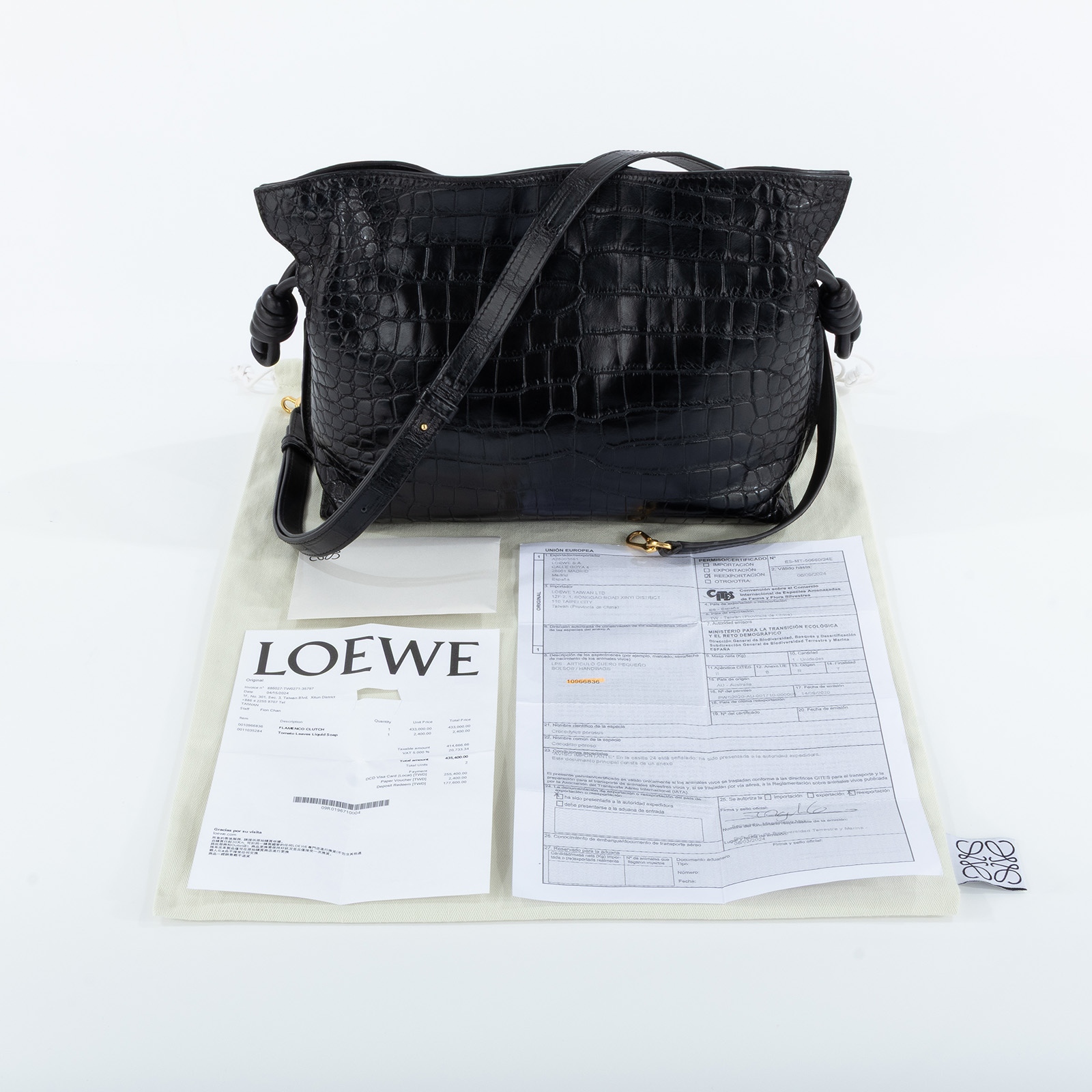 羅意威 LOEWE Flamenco clutch  肩背包  黑鱷魚FLAMENCO 防塵袋/購買證明/瀕臨絕種野生動植物國際貿易公約/背帶