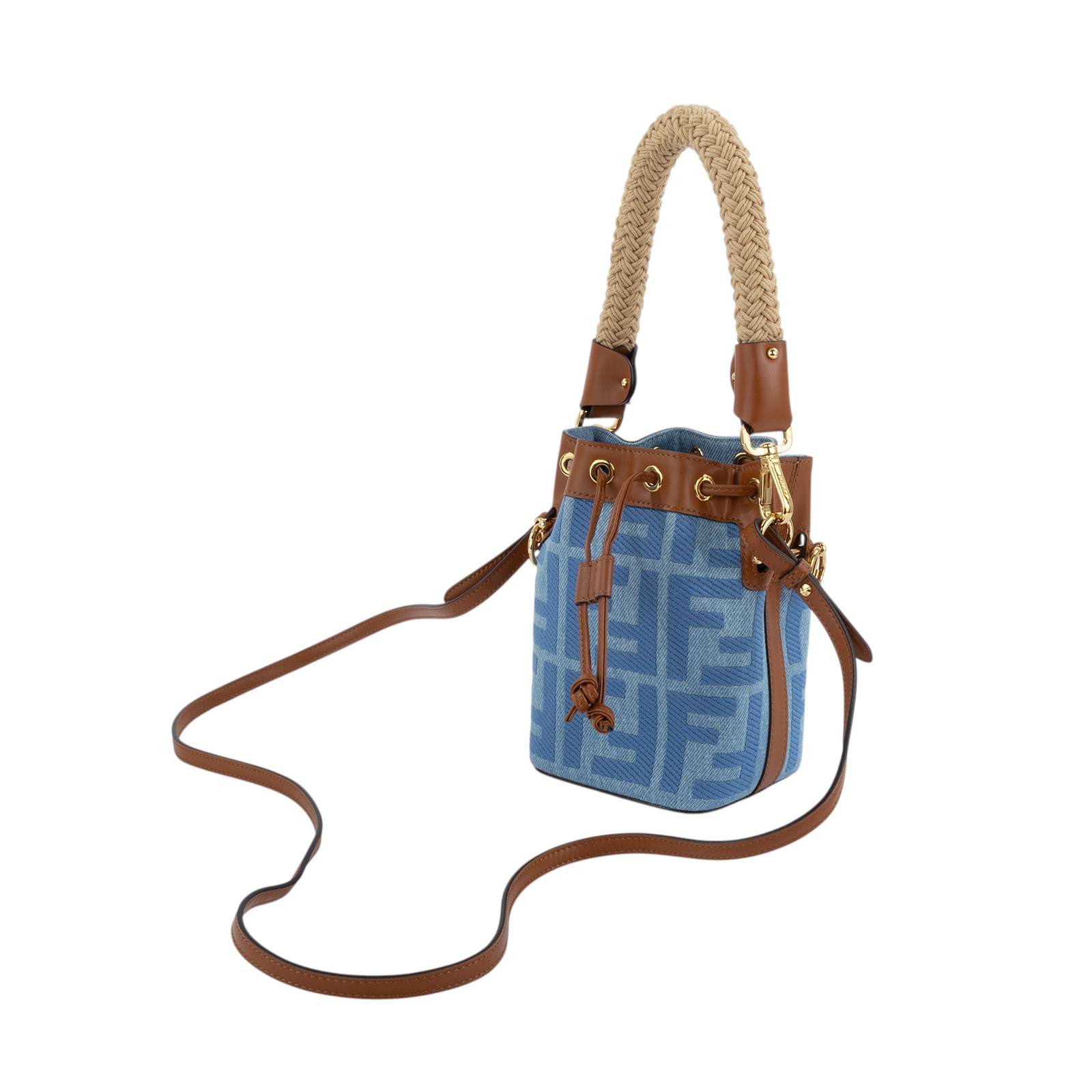 芬迪 FENDI Mon Tresor 丹寧 迷你 手袋 8BS010AP4N 丹寧棕邊FF水桶包MINI 原廠盒子/防塵袋/背帶