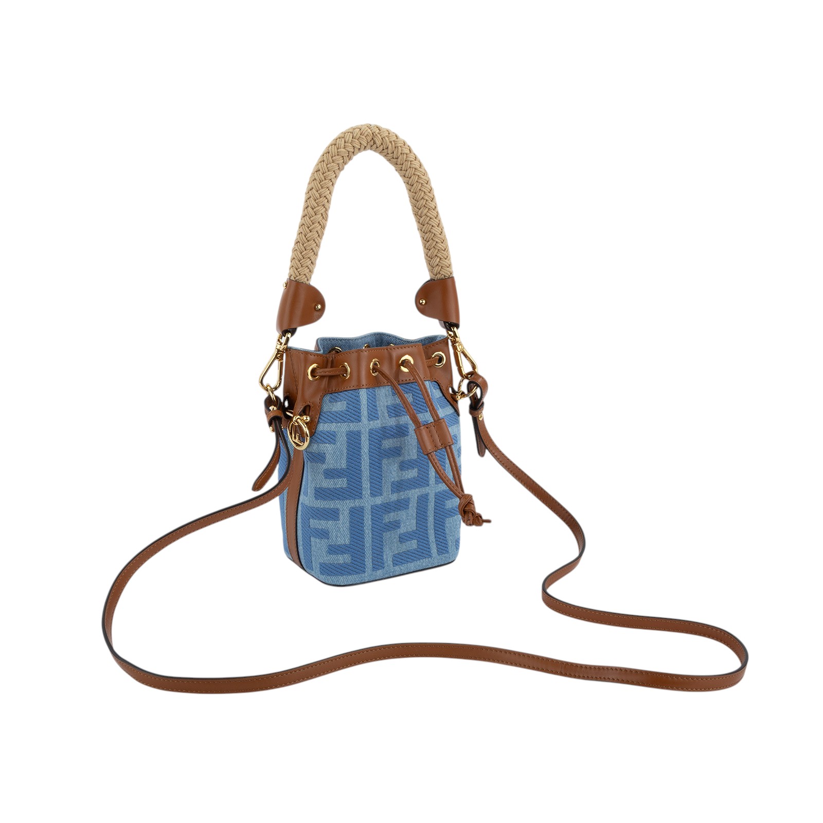 芬迪 FENDI Mon Tresor 丹寧 迷你 手袋 8BS010AP4N 丹寧棕邊FF水桶包MINI 原廠盒子/防塵袋/背帶