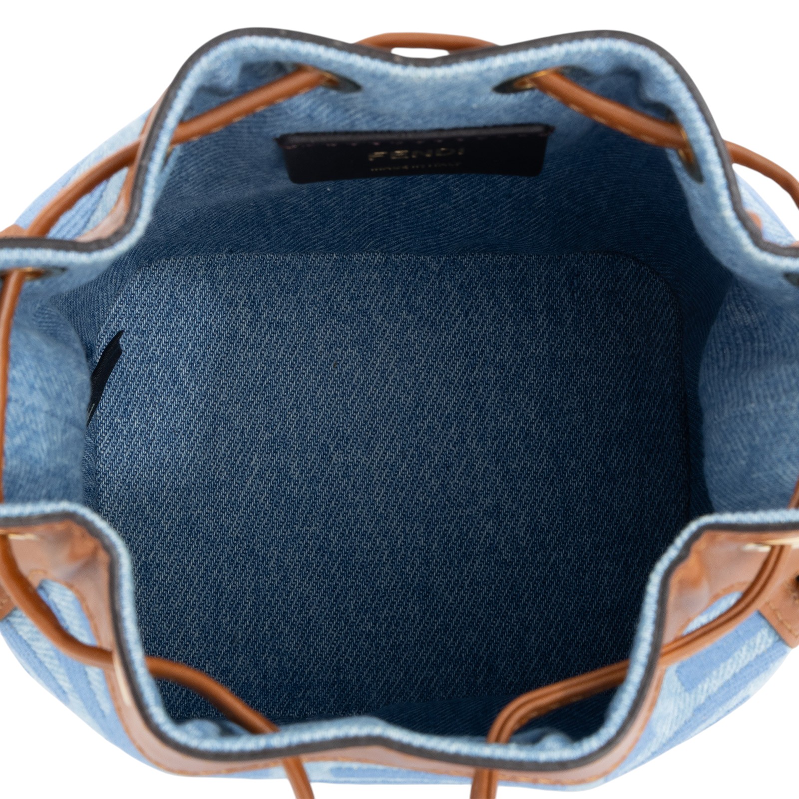 芬迪 FENDI Mon Tresor 丹寧 迷你 手袋 8BS010AP4N 丹寧棕邊FF水桶包MINI 原廠盒子/防塵袋/背帶