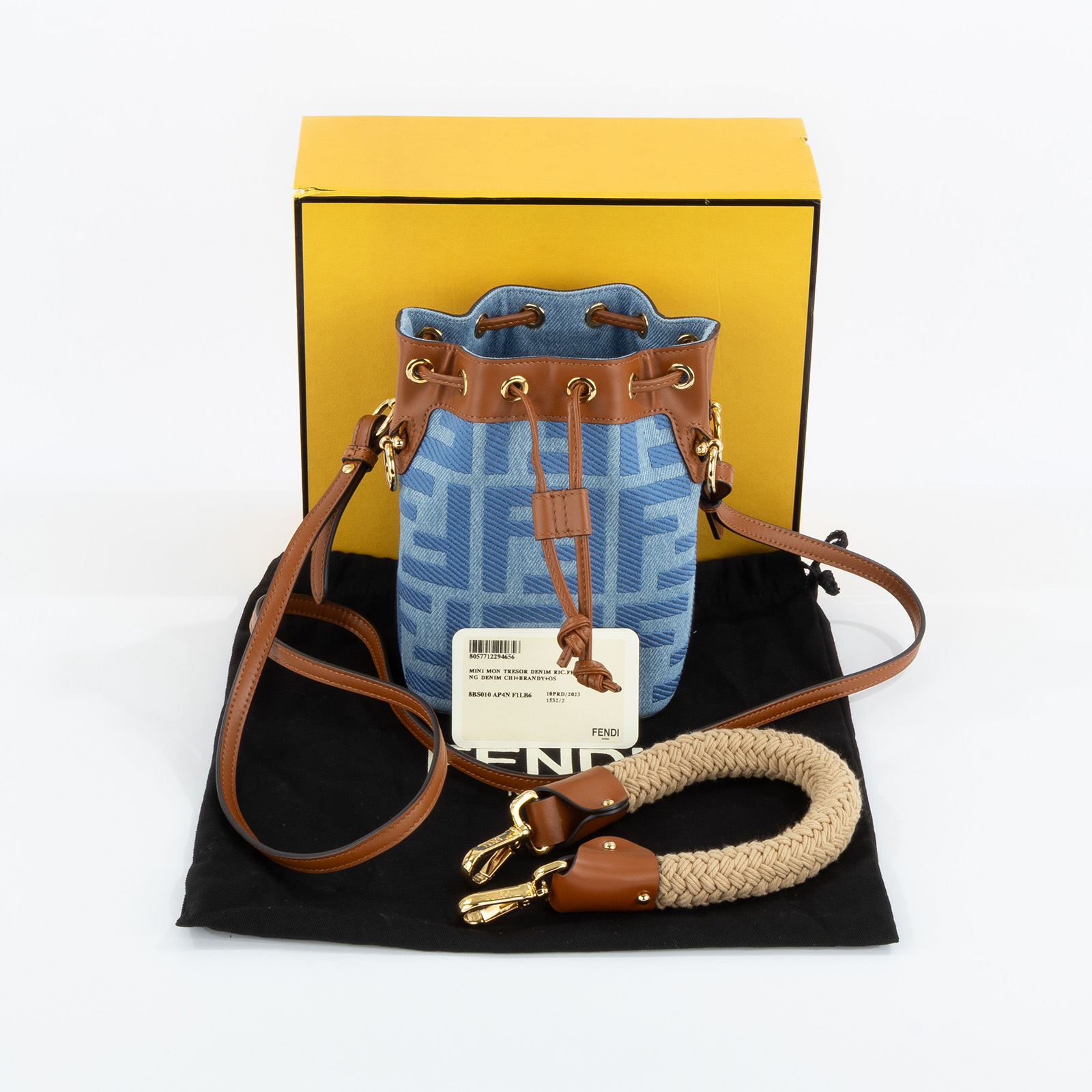 芬迪 FENDI Mon Tresor 丹寧 迷你 手袋 8BS010AP4N 丹寧棕邊FF水桶包MINI 原廠盒子/防塵袋/背帶