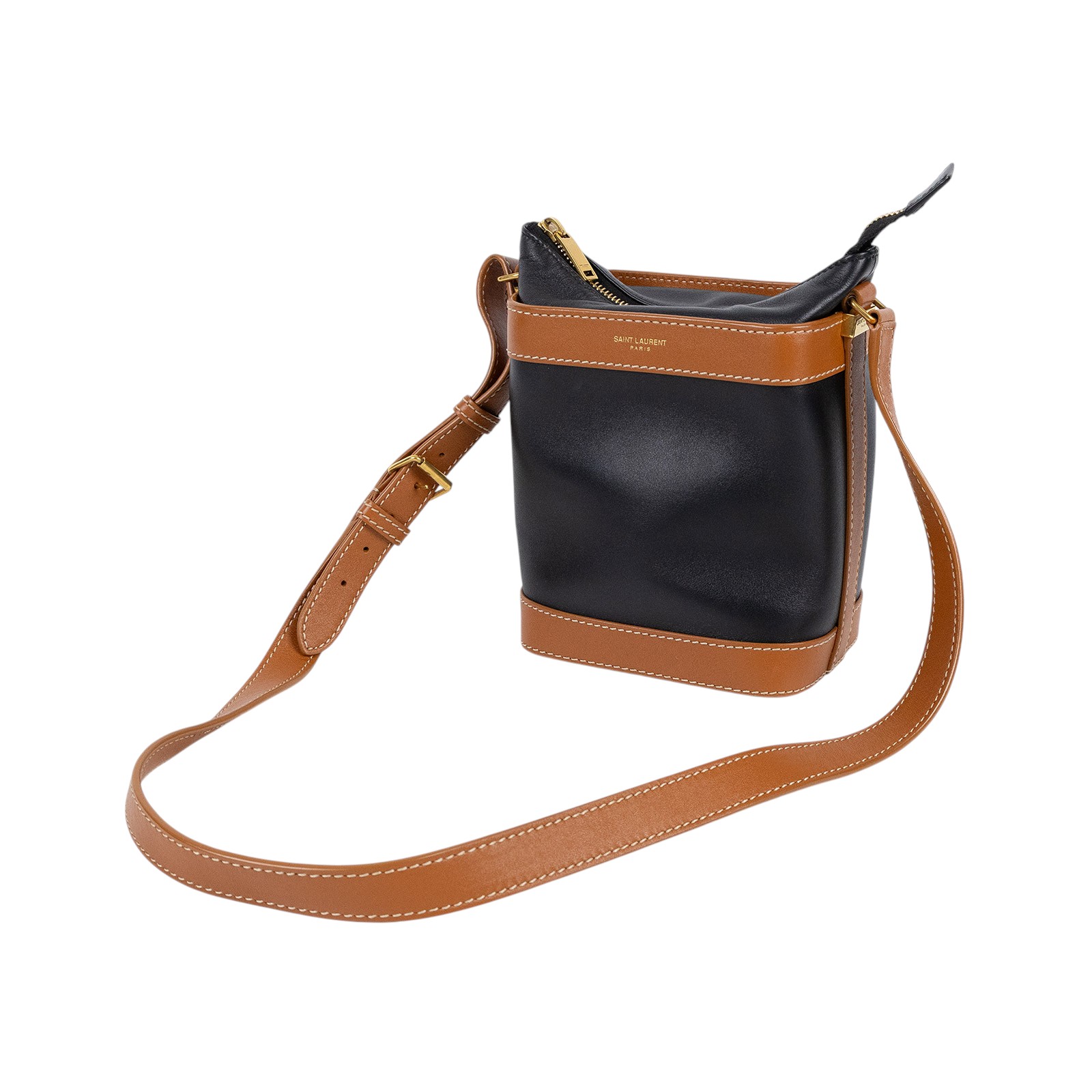 聖羅蘭 YSL SAINT LAURENT Aphile 光滑皮革 斜挎水桶包 7111021MS4W 黑拚焦糖水桶包 防塵袋