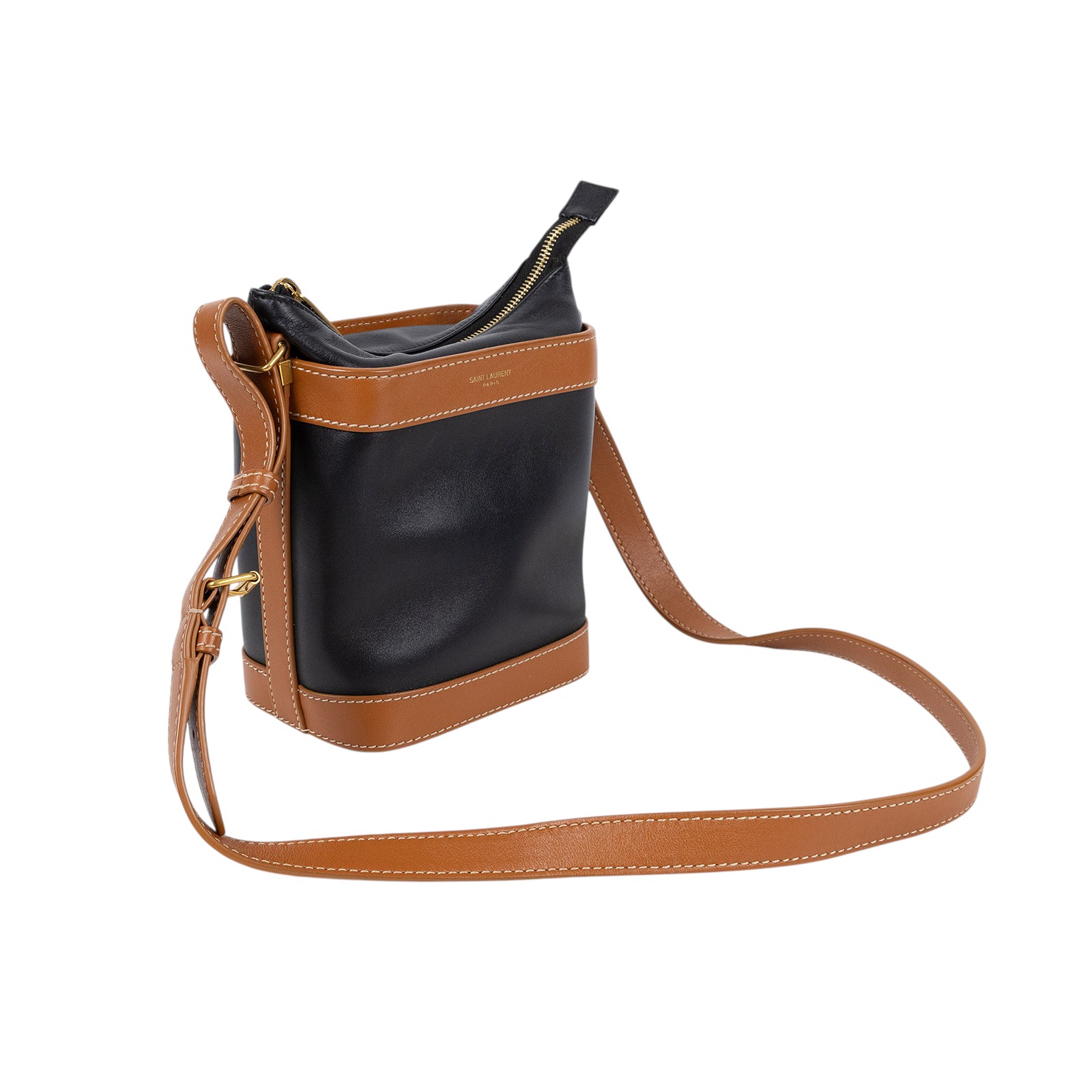 聖羅蘭 YSL SAINT LAURENT Aphile 光滑皮革 斜挎水桶包 7111021MS4W 黑拚焦糖水桶包 防塵袋