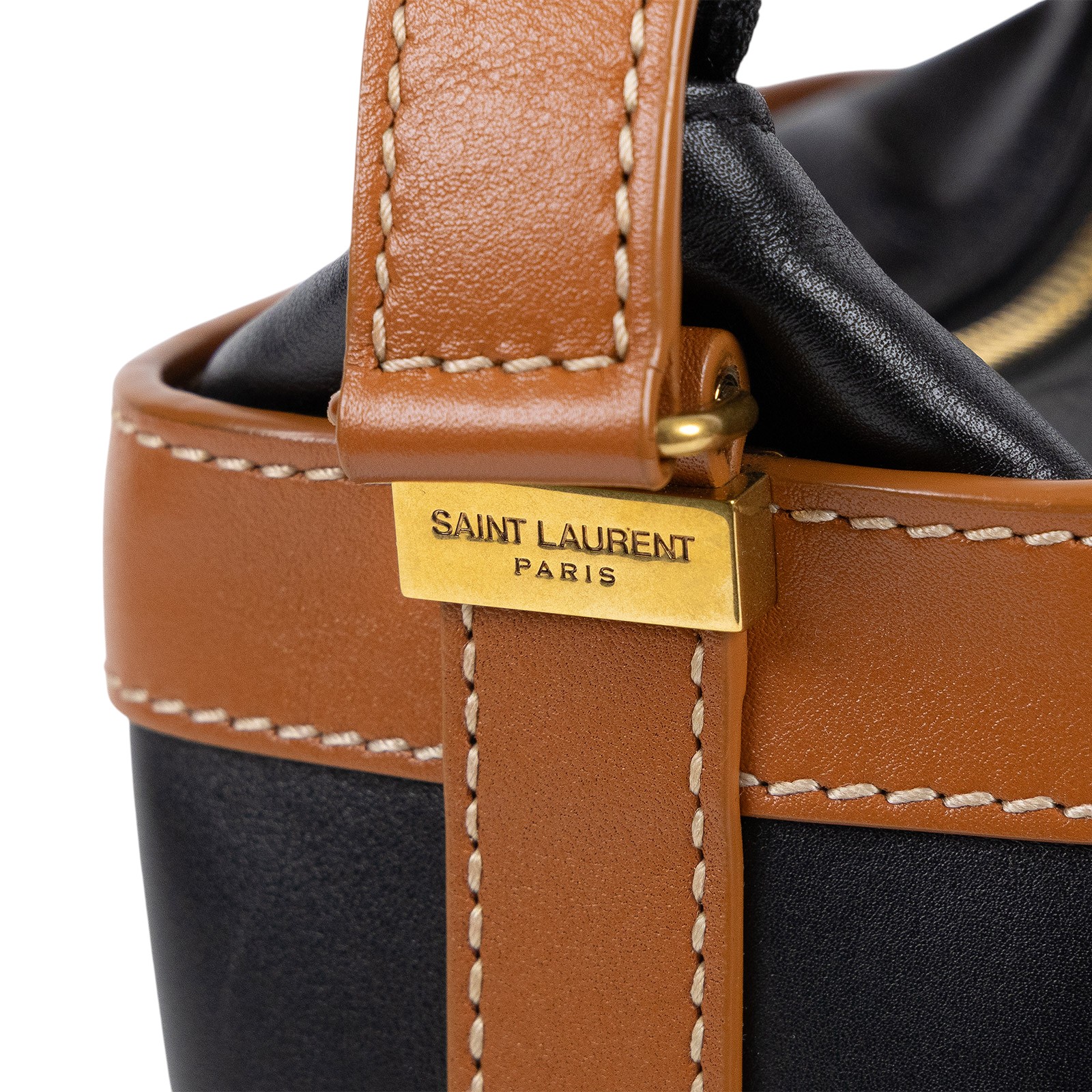 聖羅蘭 YSL SAINT LAURENT Aphile 光滑皮革 斜挎水桶包 7111021MS4W 黑拚焦糖水桶包 防塵袋