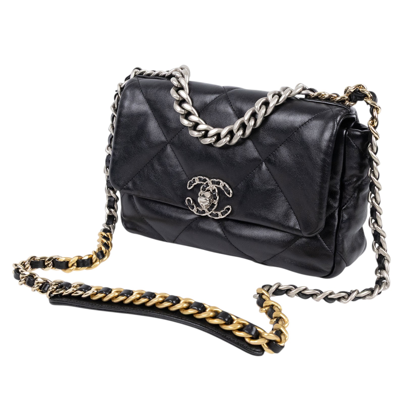 香奈兒 CHANEL 19 口蓋包 菱格紋 金銀鍊帶 手提 肩背包 AS1160 B07327 黑銀19包 26CM 防塵袋/原廠盒子/購買證明