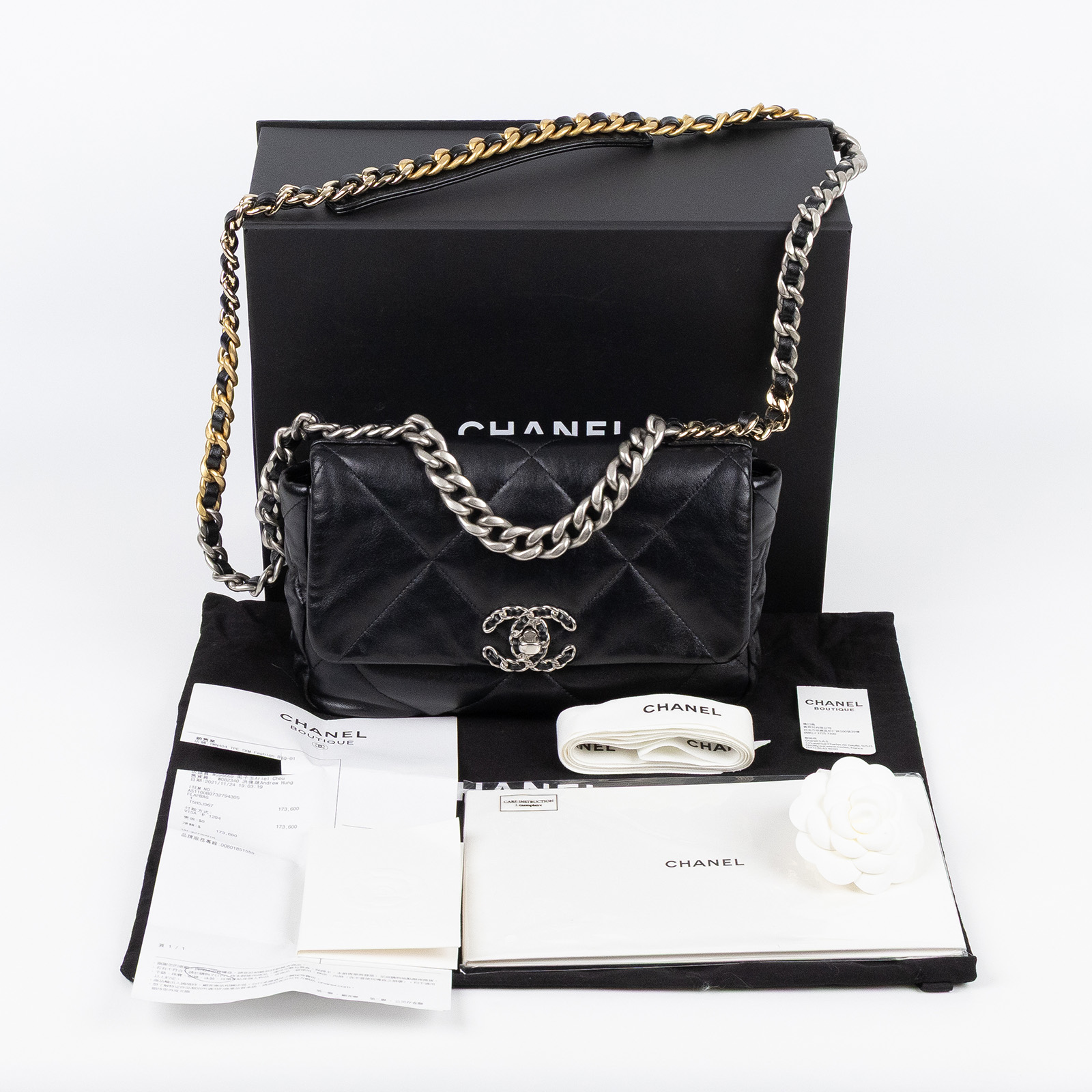 香奈兒 CHANEL 19 口蓋包 菱格紋 金銀鍊帶 手提 肩背包 AS1160 B07327 黑銀19包 26CM 防塵袋/原廠盒子/購買證明