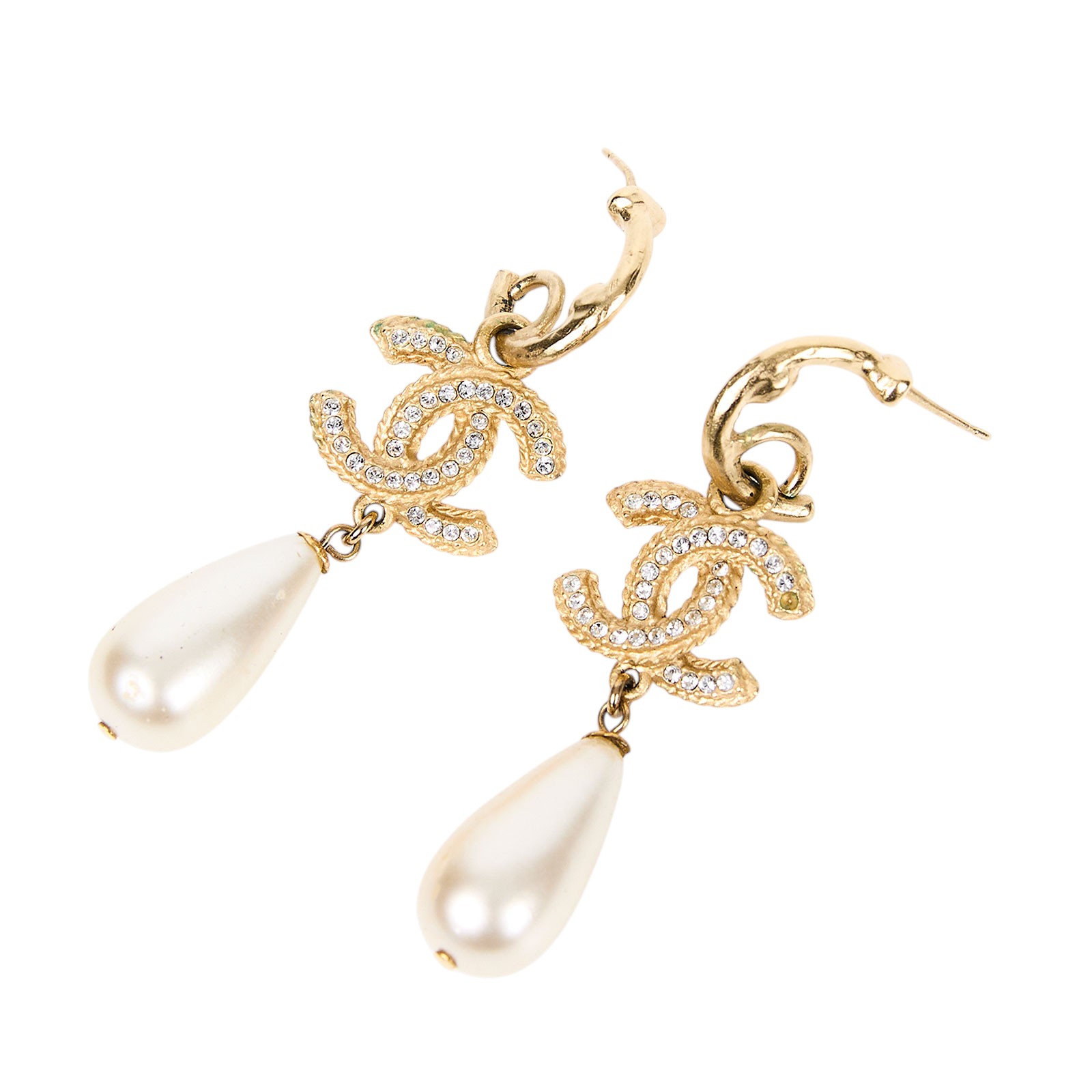 香奈兒 CHANEL 耳釘 A20P 珍珠垂墜雙C耳環 原廠盒子/防塵袋