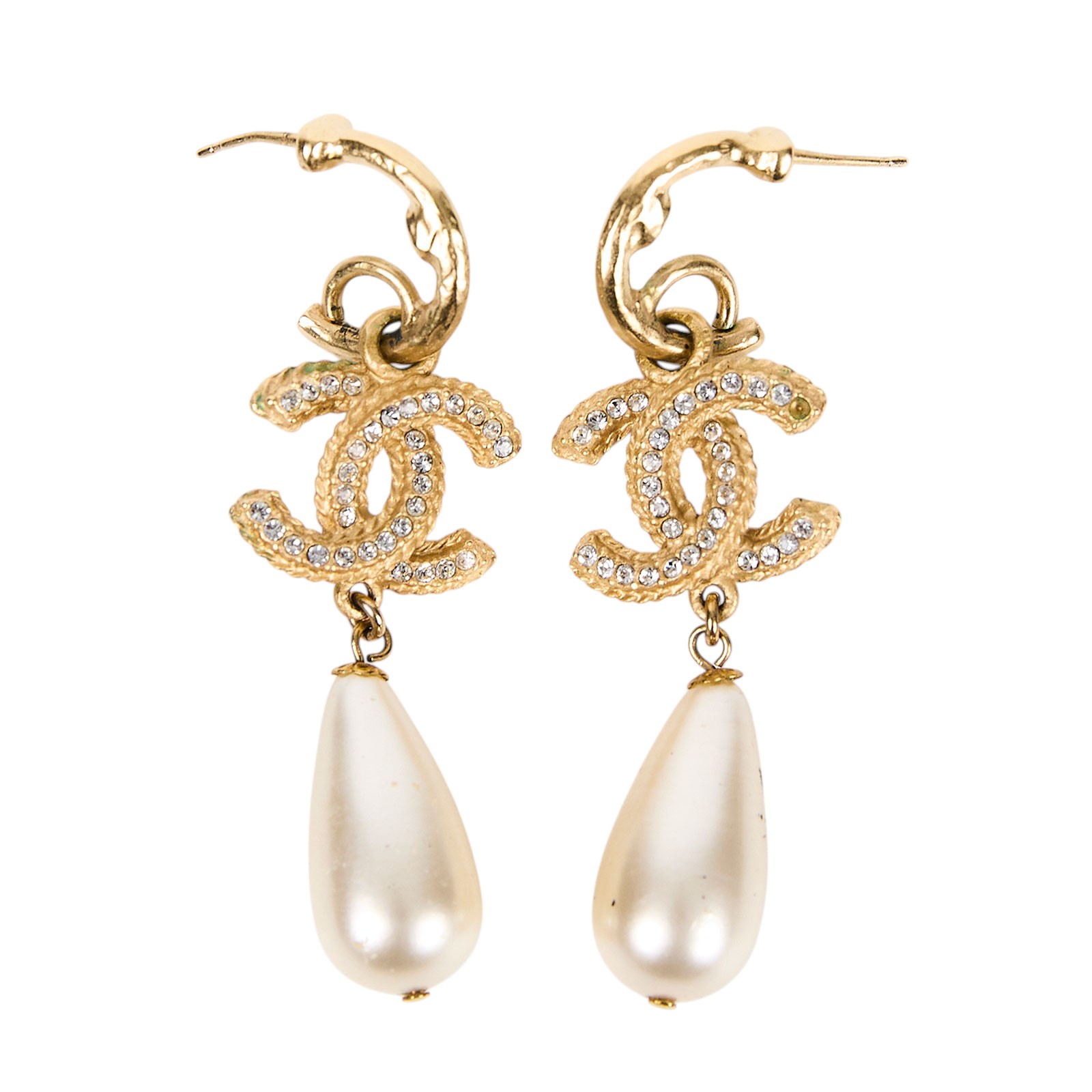 香奈兒 CHANEL 耳釘 A20P 珍珠垂墜雙C耳環 原廠盒子/防塵袋