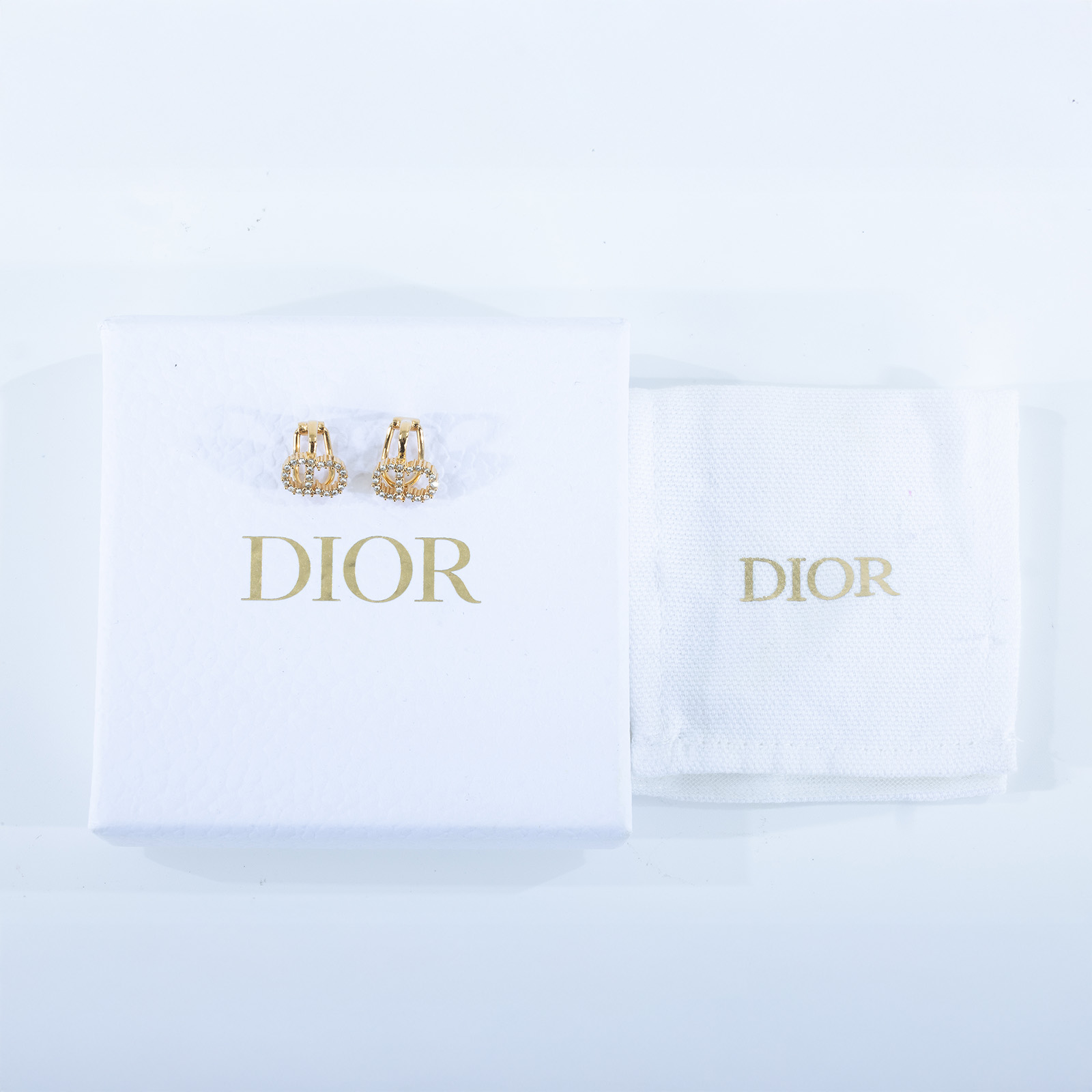 迪奧 CHRISTIAN DIOR Petit CD 夾式耳環 金色  水鑽CD夾式耳環 原廠盒子/防塵袋