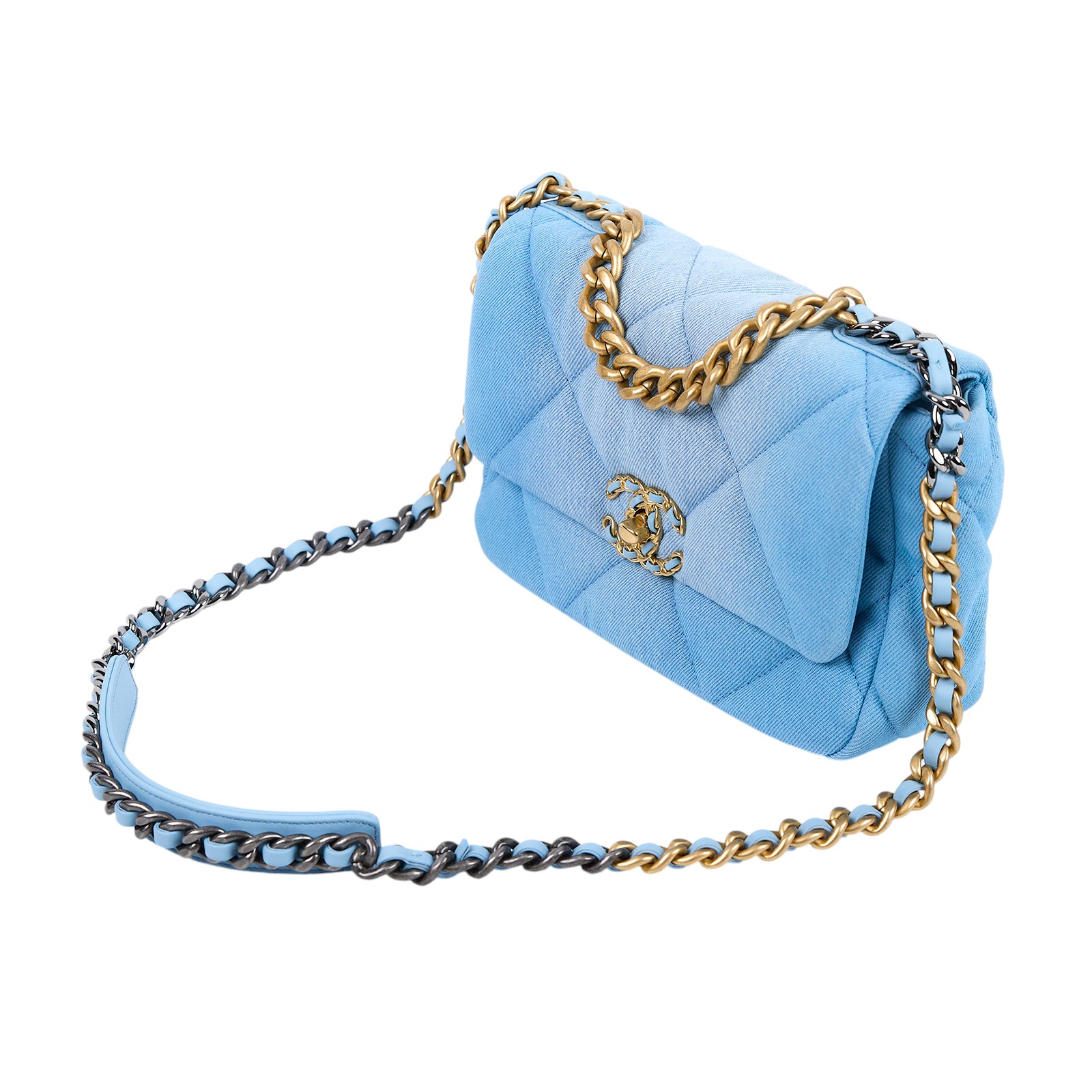 香奈兒 CHANEL 19 口蓋包 菱格紋 金銀鍊帶 手提 肩背包 AS1160 B15082 淺藍牛仔19 26CM 原廠盒子/防塵袋/購買證明