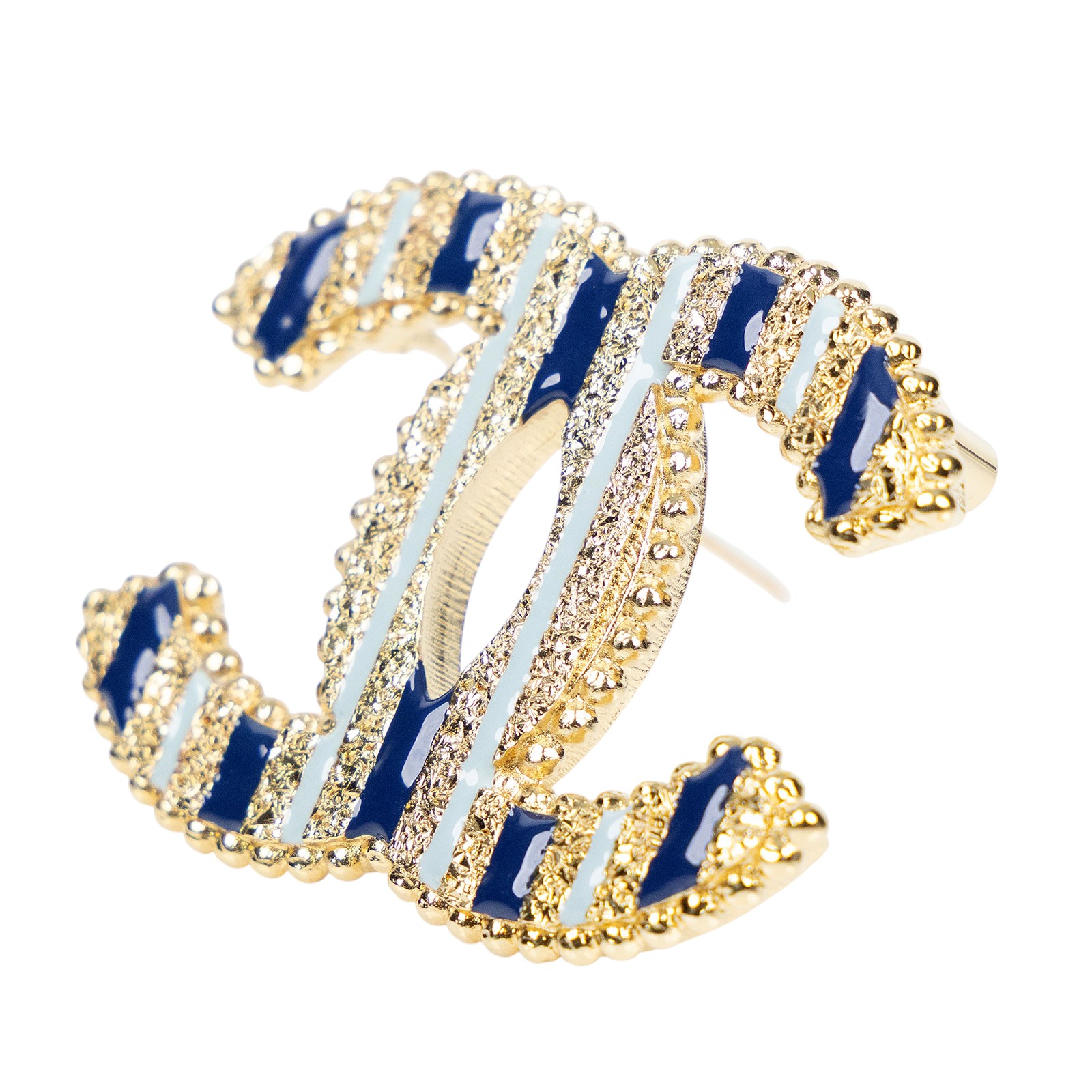 香奈兒 CHANEL 胸針 飾品 A24P 藍金直條紋雙C胸針 原廠盒子