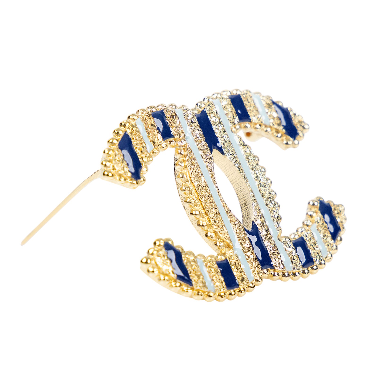 香奈兒 CHANEL 胸針 飾品 A24P 藍金直條紋雙C胸針 原廠盒子