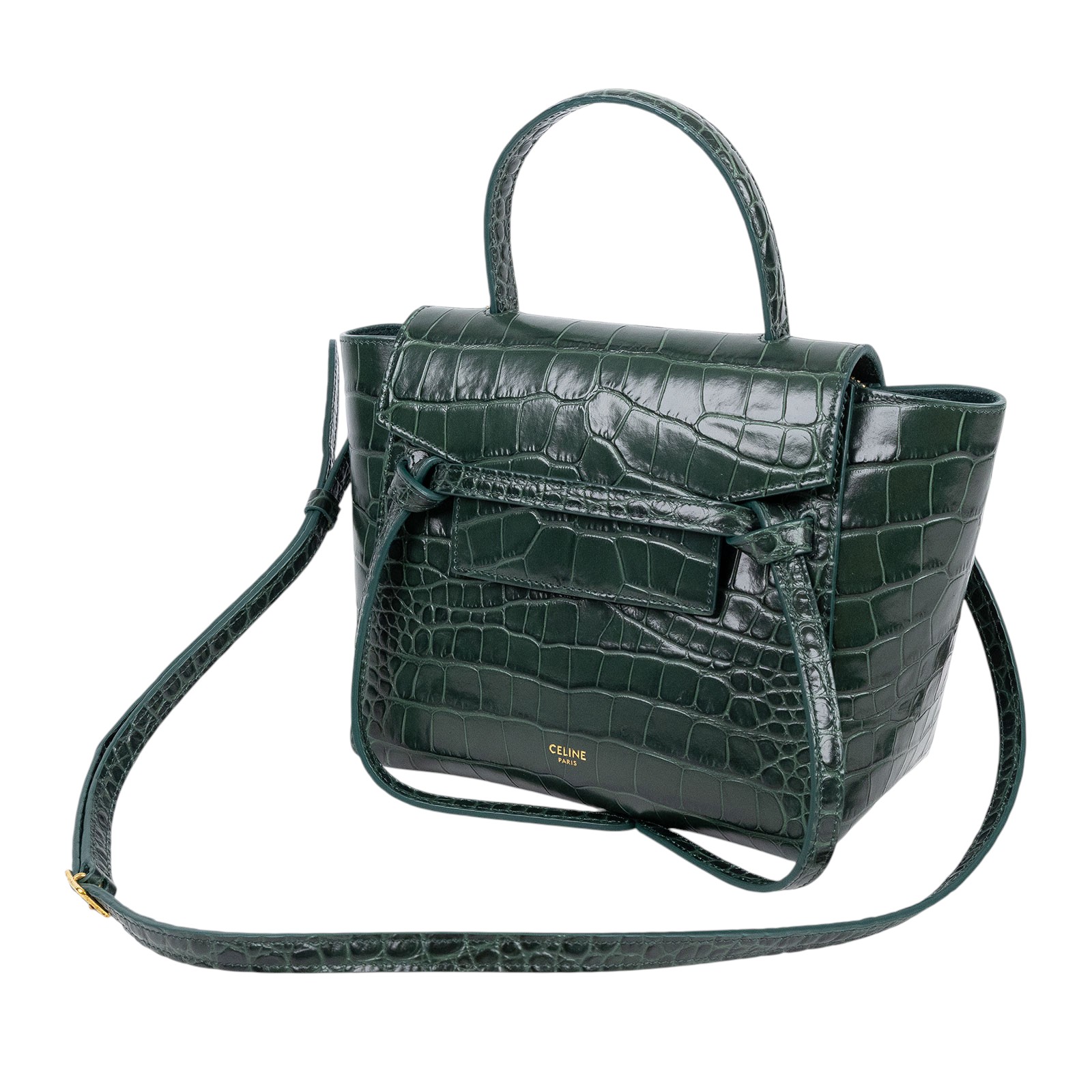 思琳 CELINE Belt 鱷魚皮壓紋 袖珍型 肩背 手提 鯰魚包  189003BTE 綠鱷魚壓紋BELT 背帶