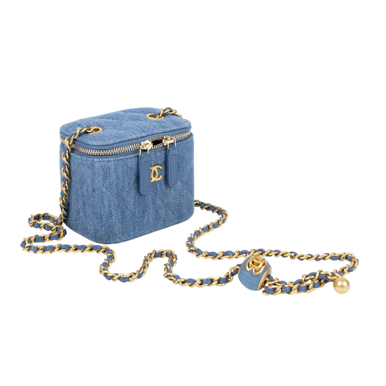 香奈兒 CHANEL Vavnity 金球 斜背 化妝包 AP1447_DENIM 31開單寧金球MINI VANITY 防塵袋/保證卡