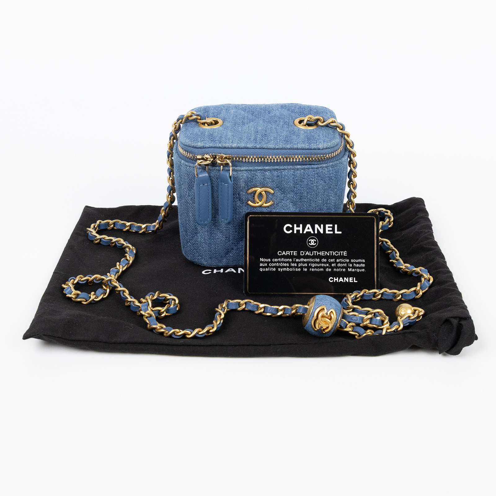 香奈兒 CHANEL Vavnity 金球 斜背 化妝包 AP1447_DENIM 31開單寧金球MINI VANITY 防塵袋/保證卡