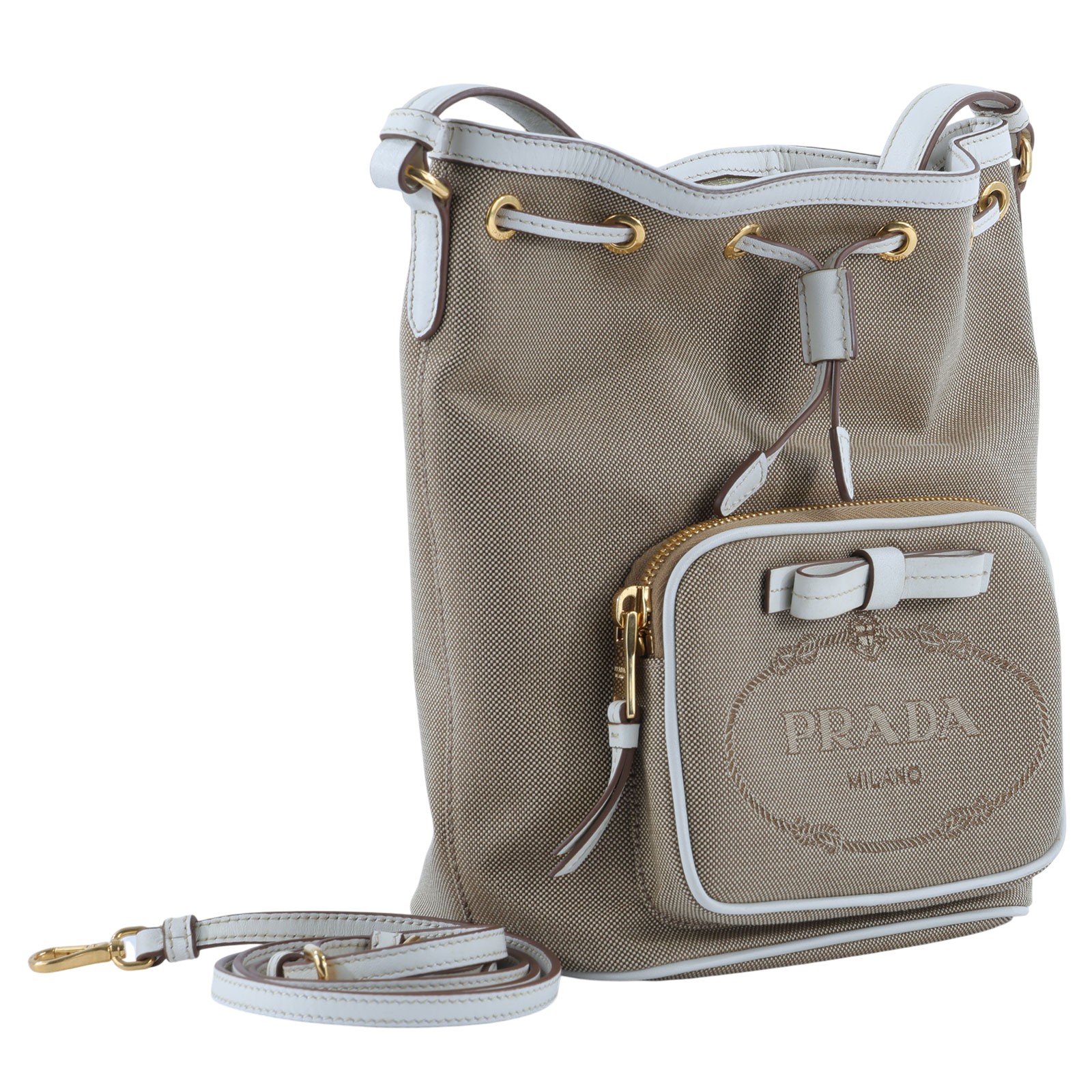 普拉達 PRADA Duet Re-Nylon 水桶袋 1BH038_UCW 白邊墨綠水桶包 防塵袋/保證卡