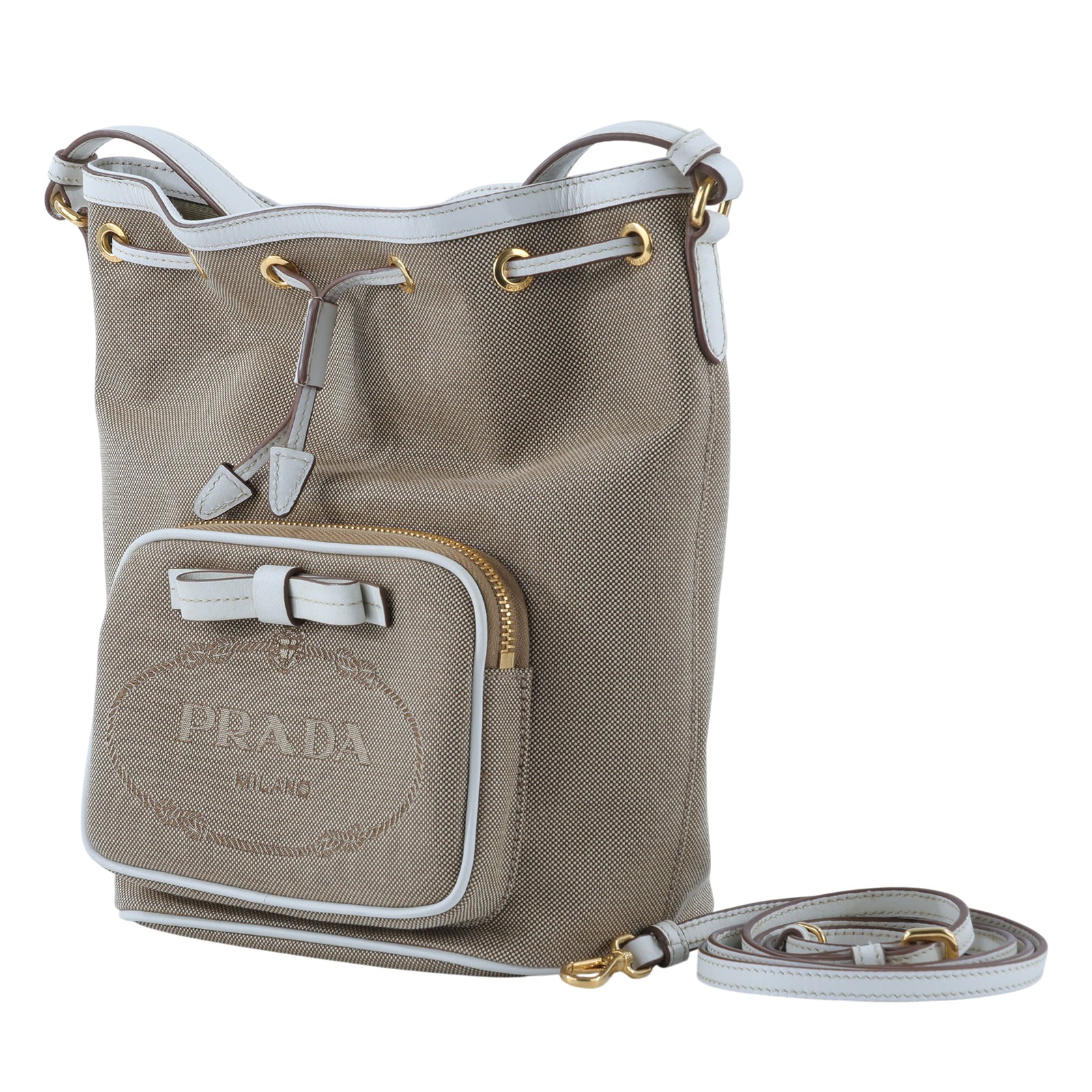 普拉達 PRADA Duet Re-Nylon 水桶袋 1BH038_UCW 白邊墨綠水桶包 防塵袋/保證卡