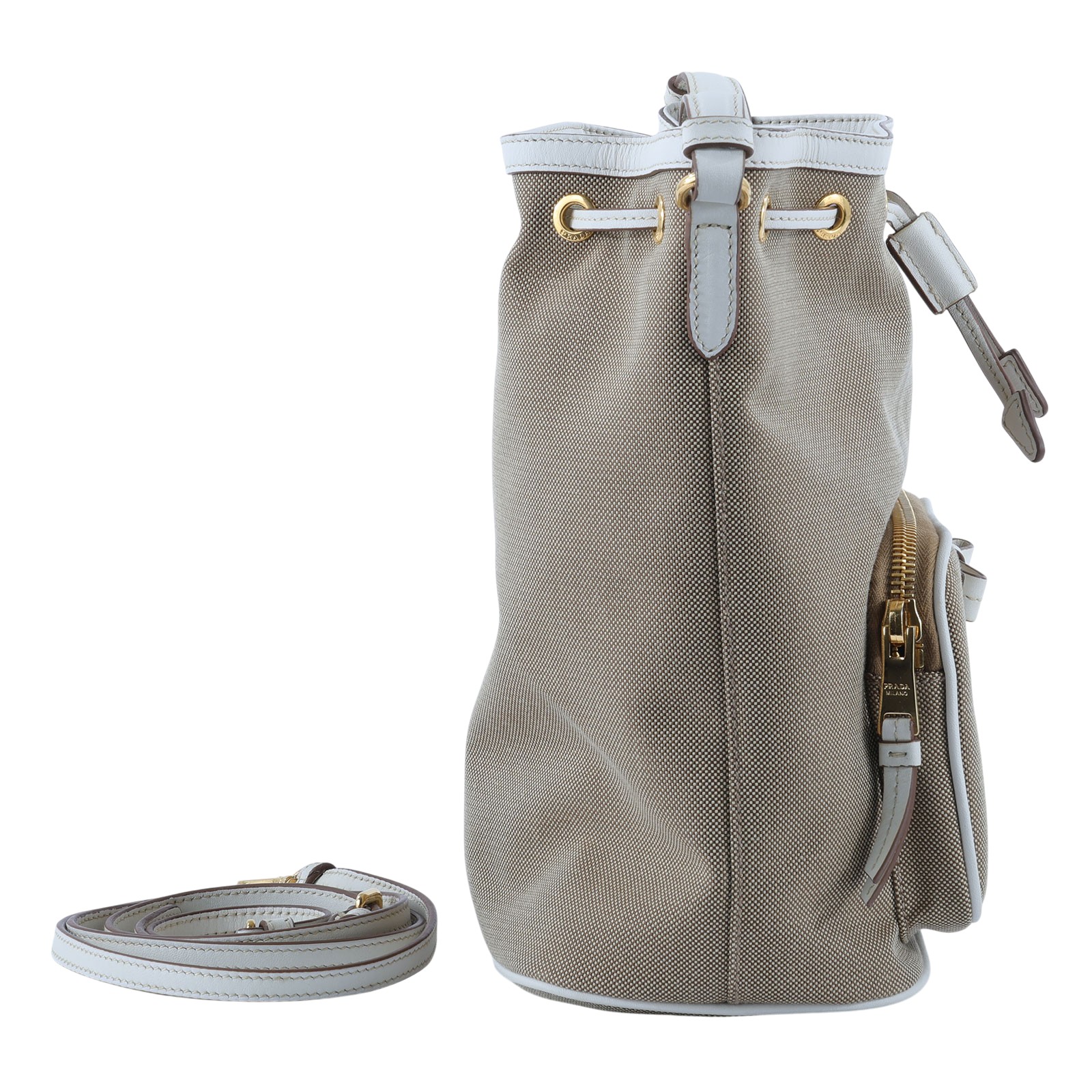 普拉達 PRADA Duet Re-Nylon 水桶袋 1BH038_UCW 白邊墨綠水桶包 防塵袋/保證卡