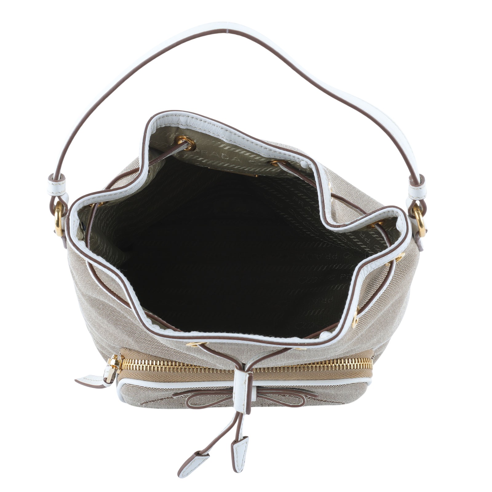 普拉達 PRADA Duet Re-Nylon 水桶袋 1BH038_UCW 白邊墨綠水桶包 防塵袋/保證卡