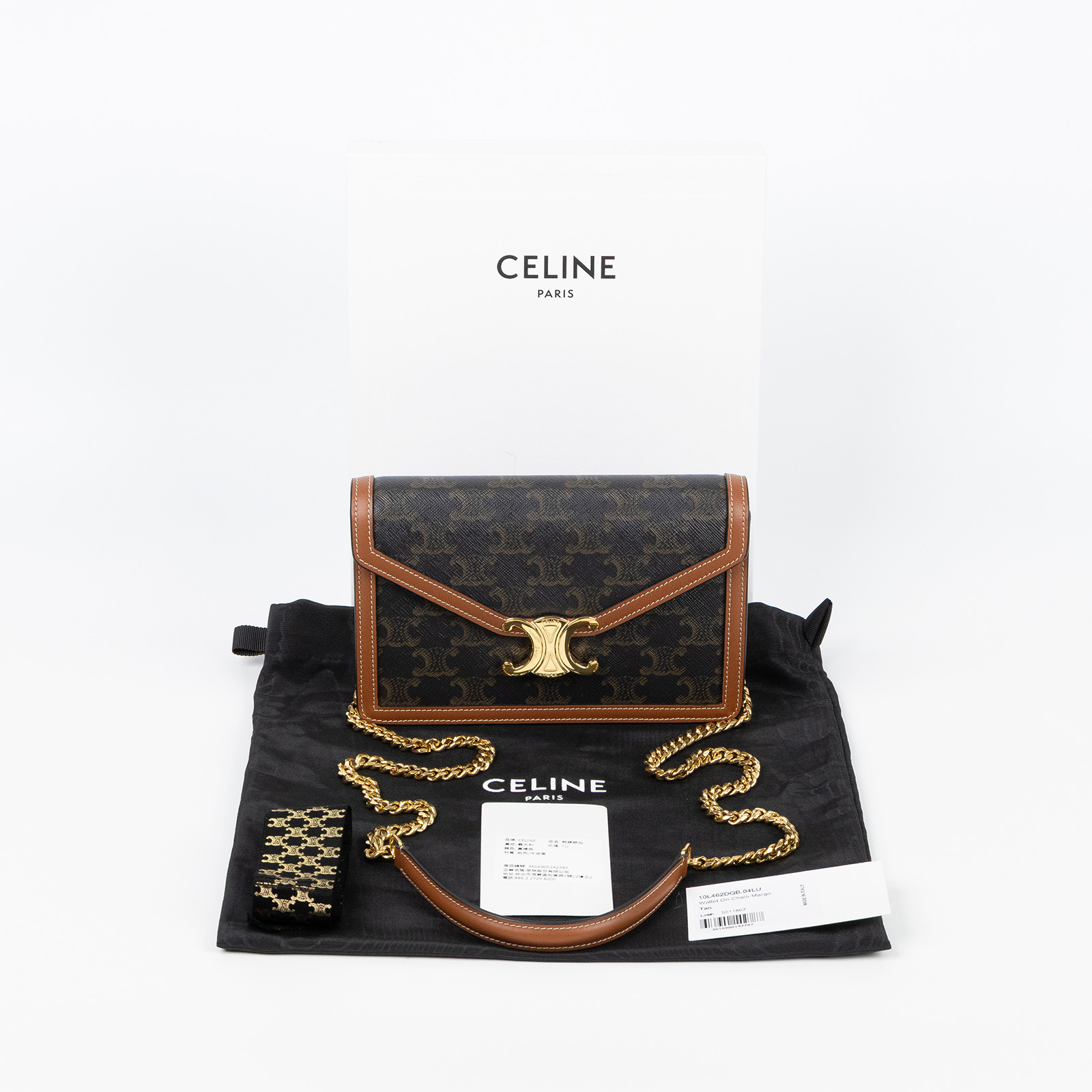 思琳 CELINE Margo 標誌印花 飾鍊錢包 10L462DQB 黃褐色凱旋門帆布MARGO WOC 防塵袋/原廠盒子