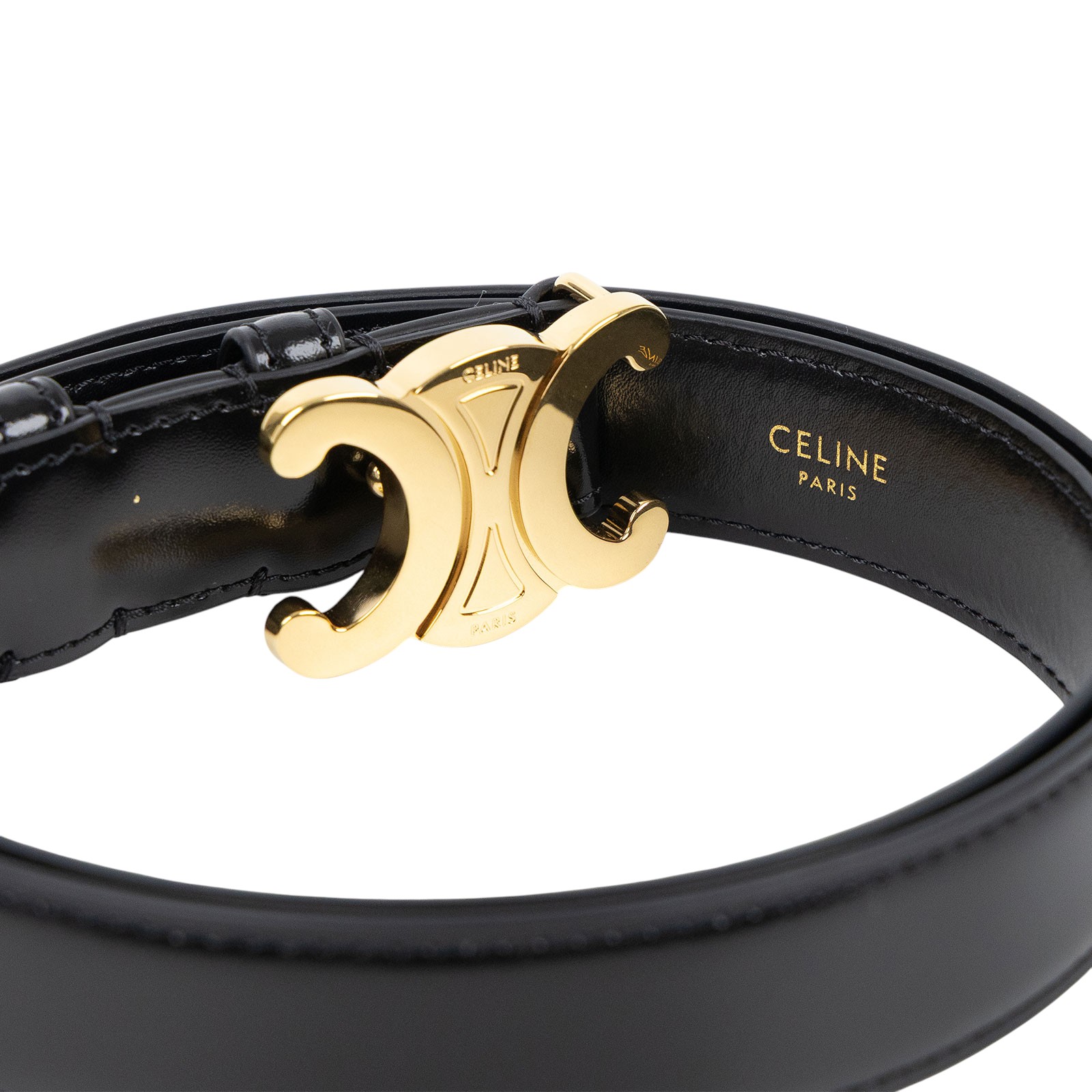 思琳 CELINE Trio,phe 25毫米 腰帶 45AK93A01_75 黑金凱旋門細皮帶#75 原廠盒子/防塵袋