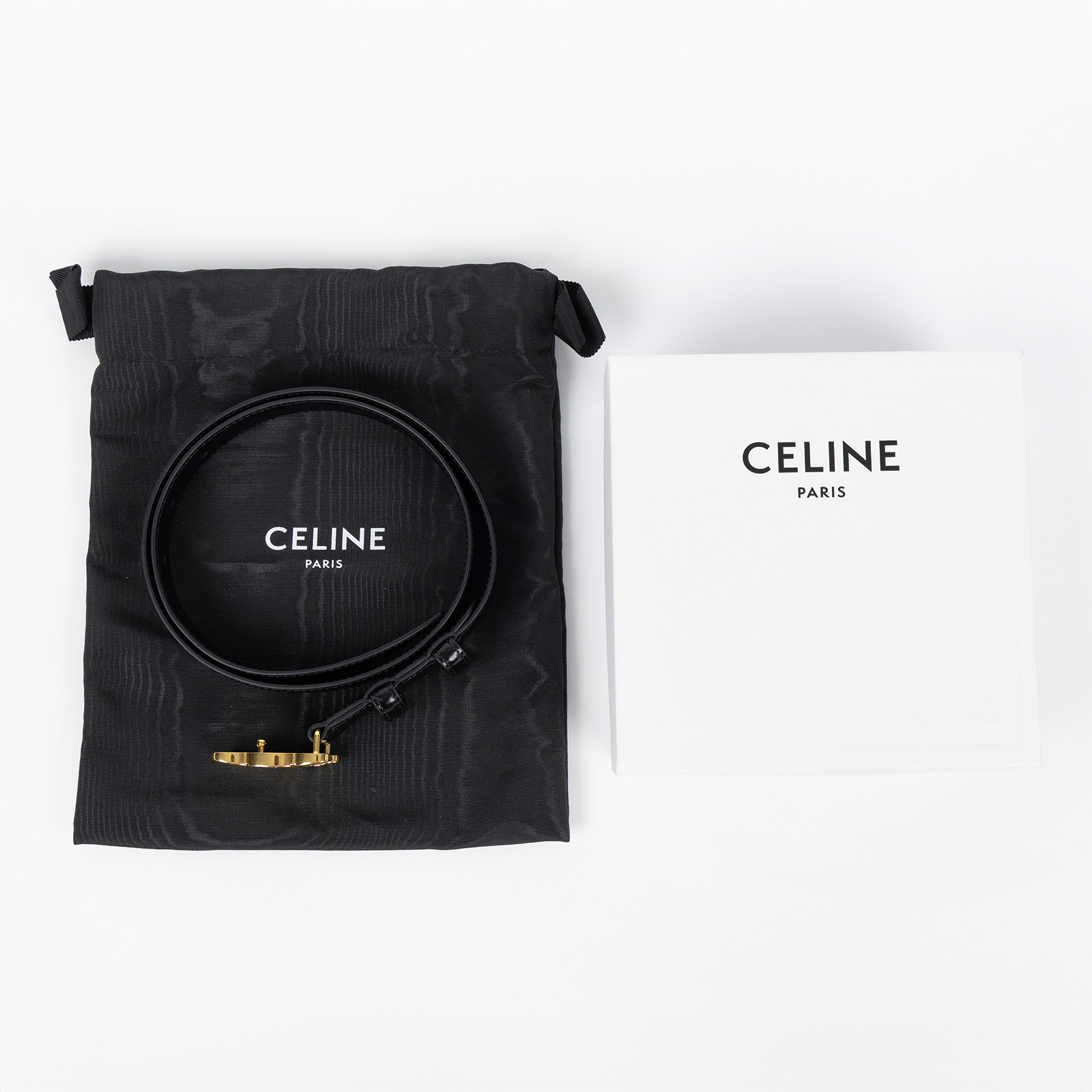 思琳 CELINE Trio,phe 25毫米 腰帶 45AK93A01_75 黑金凱旋門細皮帶#75 原廠盒子/防塵袋