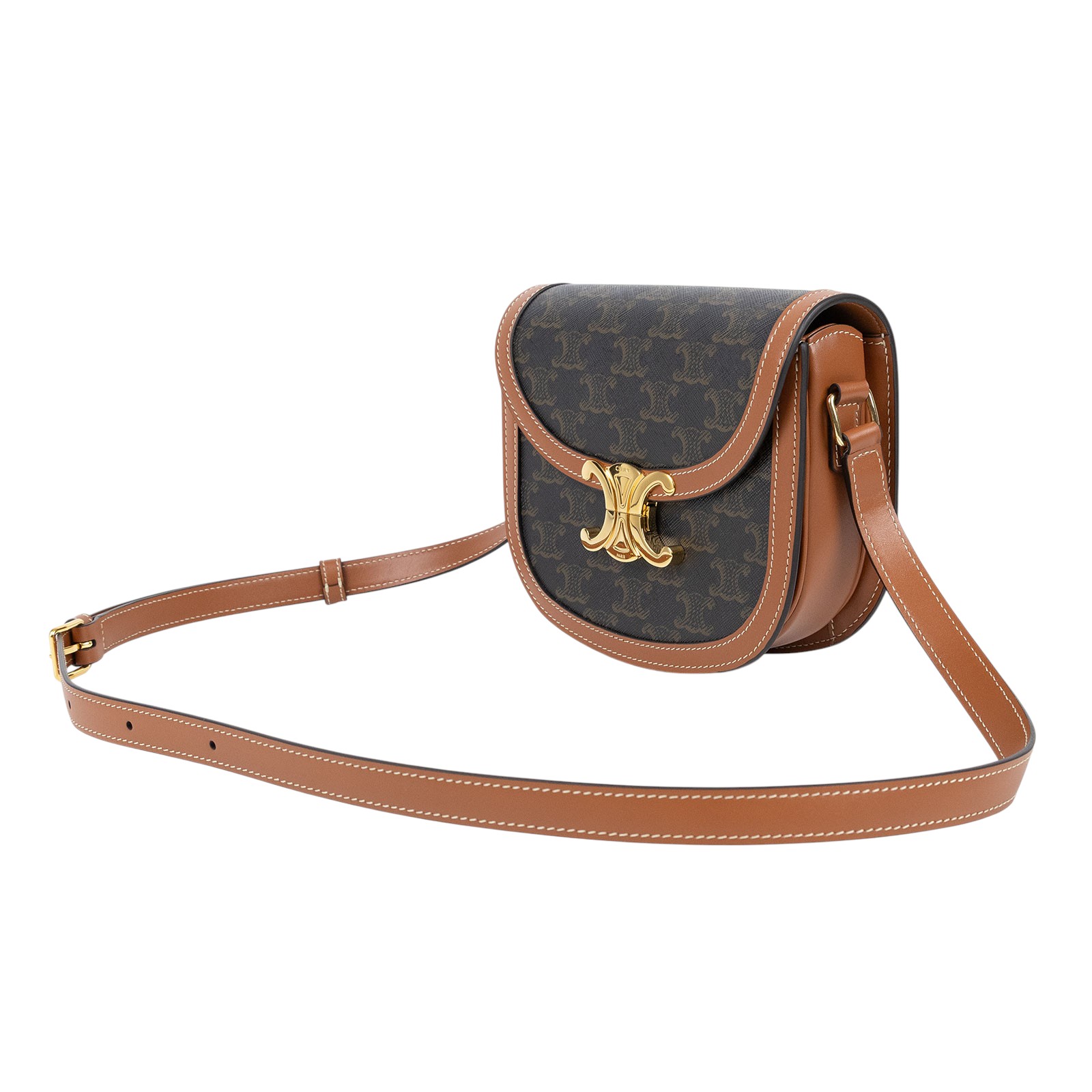 思琳 CELINE 標誌印花 牛皮革 Besace Clea 斜背 肩背 馬鞍包 110962BZ4 棕凱旋BESACE肩背包 原廠盒子/防塵袋