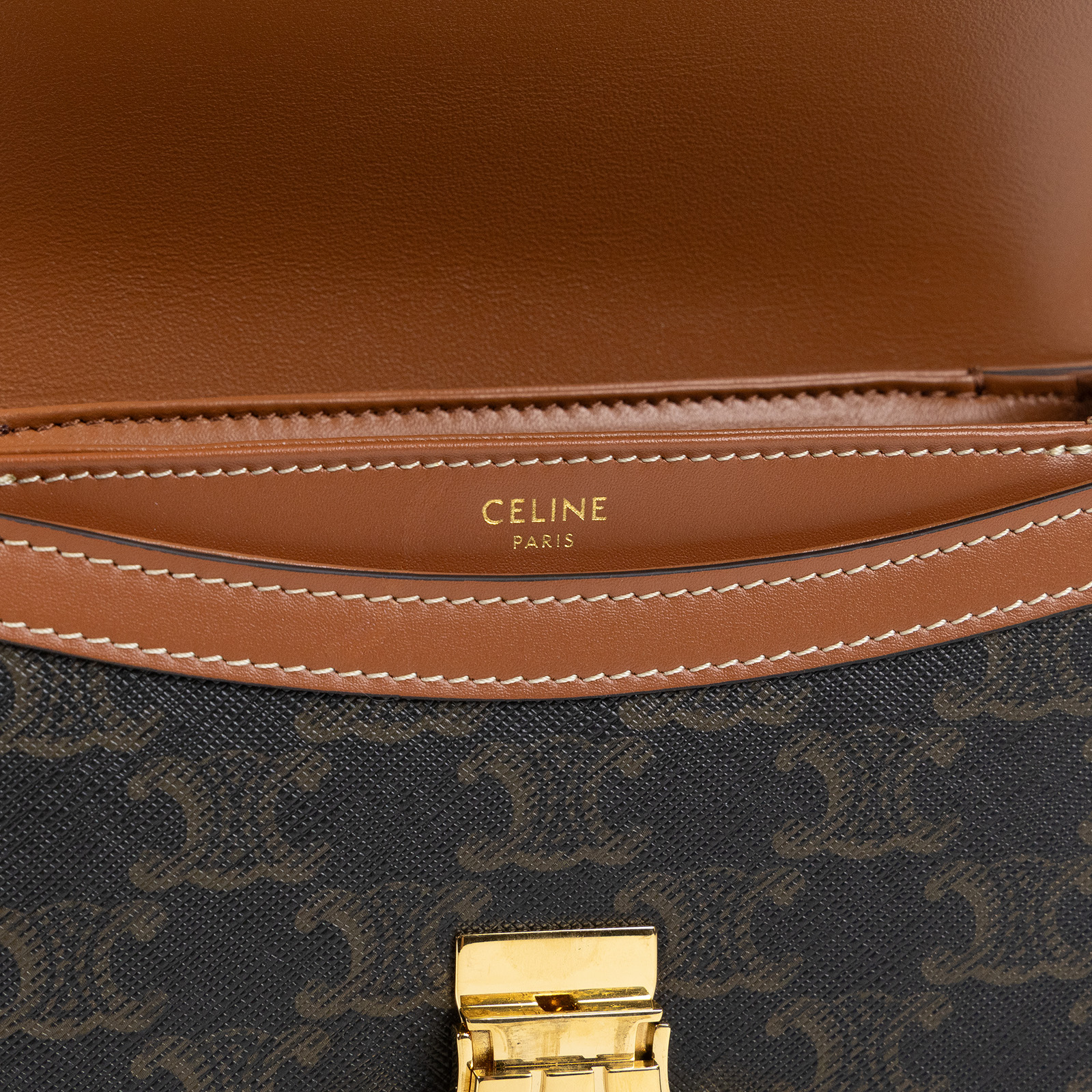 思琳 CELINE 標誌印花 牛皮革 Besace Clea 斜背 肩背 馬鞍包 110962BZ4 棕凱旋BESACE肩背包 原廠盒子/防塵袋
