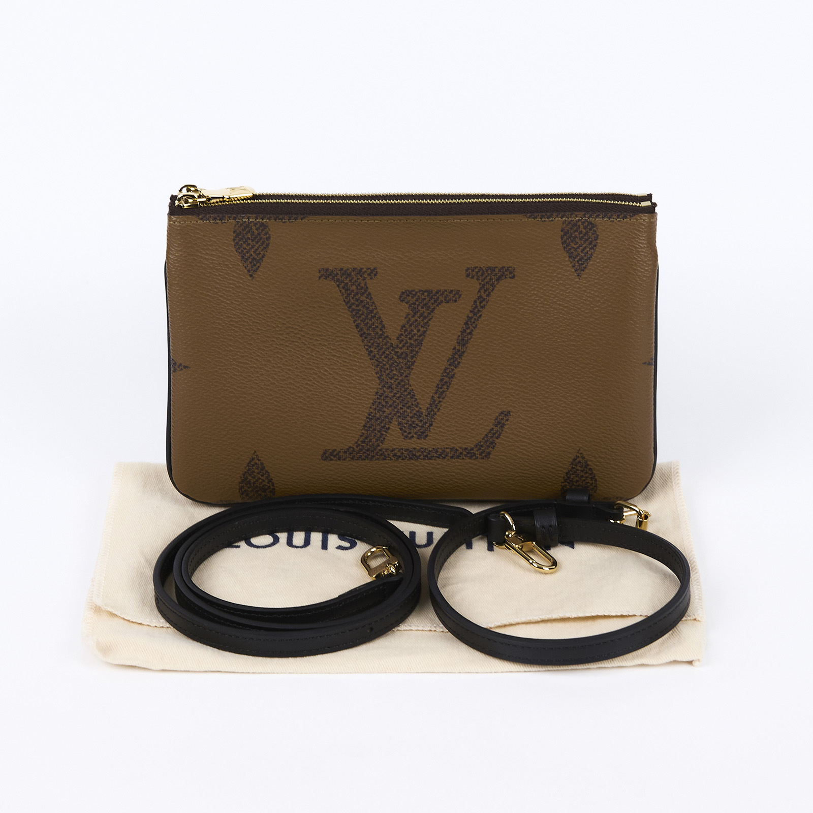 路易威登 LOUIS VUITTON Double Zip Pochette Reverse 帆布 多夾層手拿 斜背包 M69203 晶片款  防塵袋